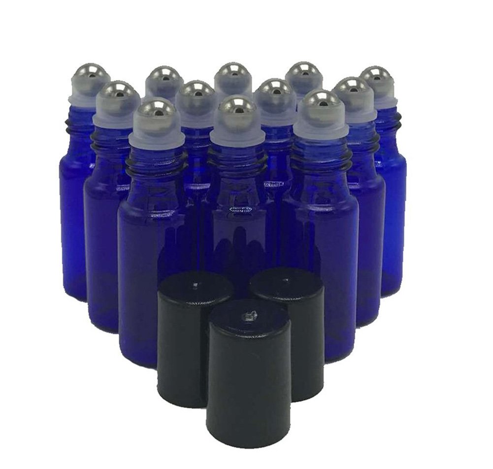 12 Pack 5ml Blue Glass Roller Bottles - Refillable Essential Oil Rollerball Bottles with 3ml Dropper for Aromatherapy, DIY Perfume & Travel Size Skincare (Perfect for Home Spa, Yoga & Gift Sets)