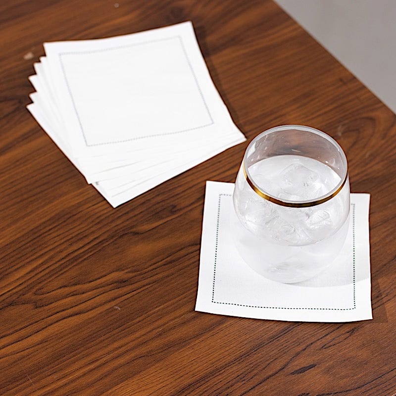 50 Premium Cotton Cocktail Napkins with Elegant Black Hemstitched Border - Perfect for Weddings, Parties & Formal Dining - White Set of 50