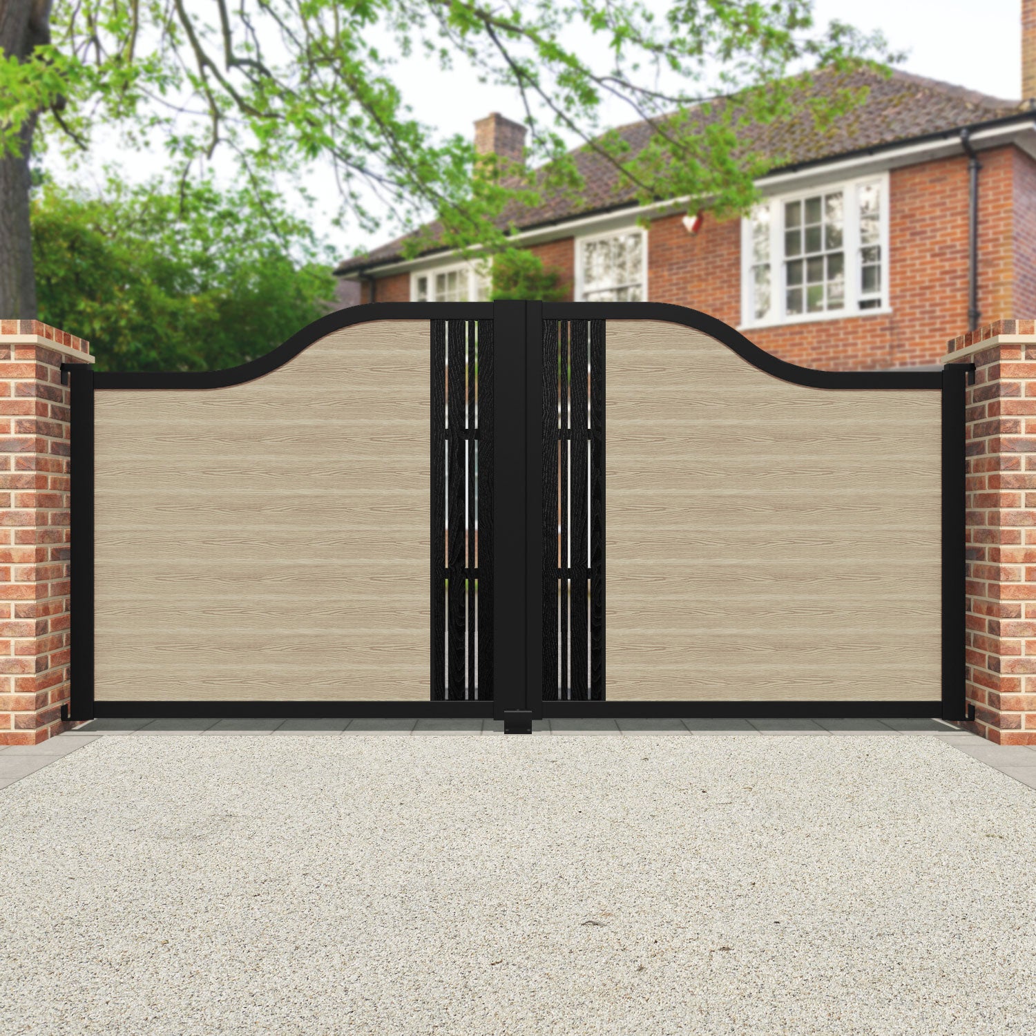 Classic Linea Curved Top Driveway Gate - Light Oak Finish with Middle Screen - Elegant & Durable Driveway Entrance for Home Security & Curb Appeal