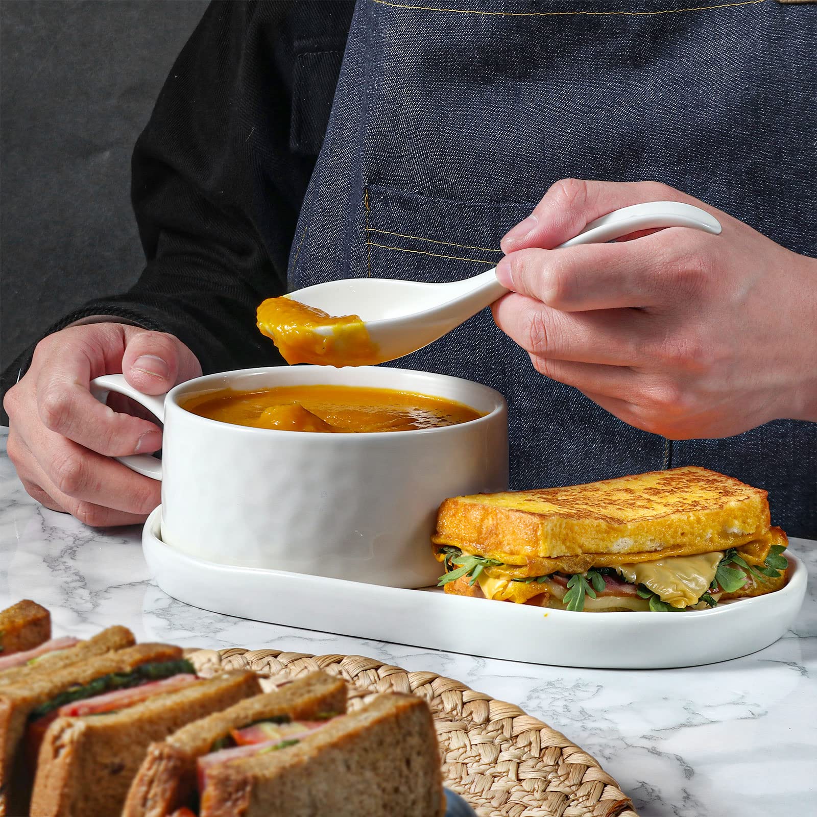 18oz Ceramic Soup Bowl with Handle & Salad Plate Set - Microwave & Dishwasher Safe Cream White Soup Mug for Cereal, Pasta, Appetizers, Dessert - Perfect for Family Dinners, Office Lunches & Picnics