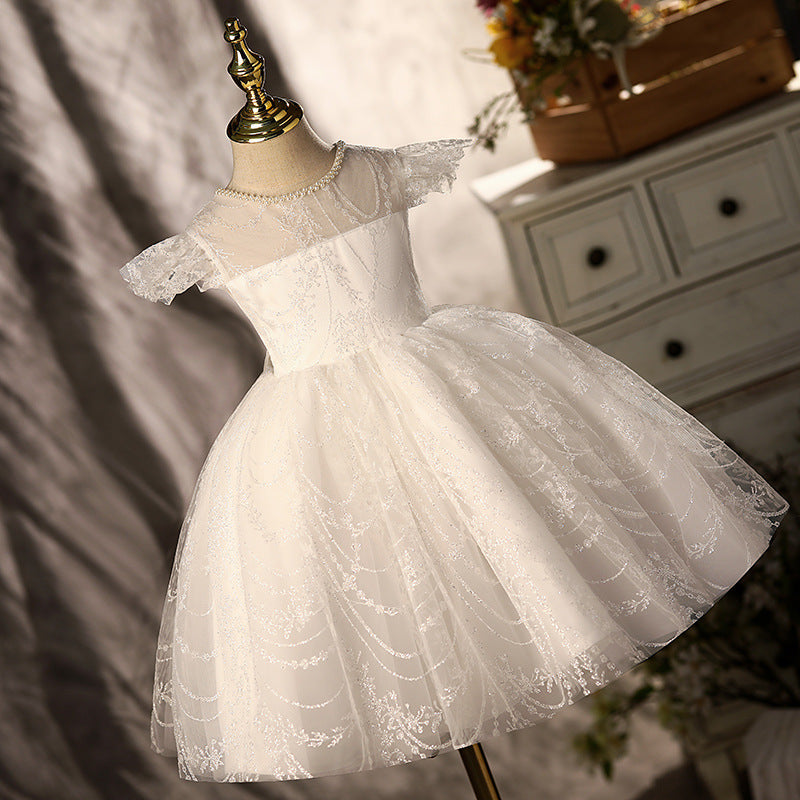 White Lace Princess Flower Girl Dress with Cap Sleeves - Elegant First Communion & Wedding Party Attire for Toddler Girls