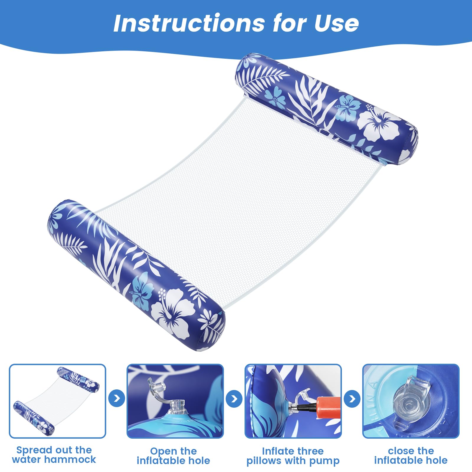 2 Pack Adult Pool Floats - 4-in-1 Inflatable Hammock Float with Non-Slip PVC Material for Swimming Pools, Lakes & Beach Relaxation - Blue