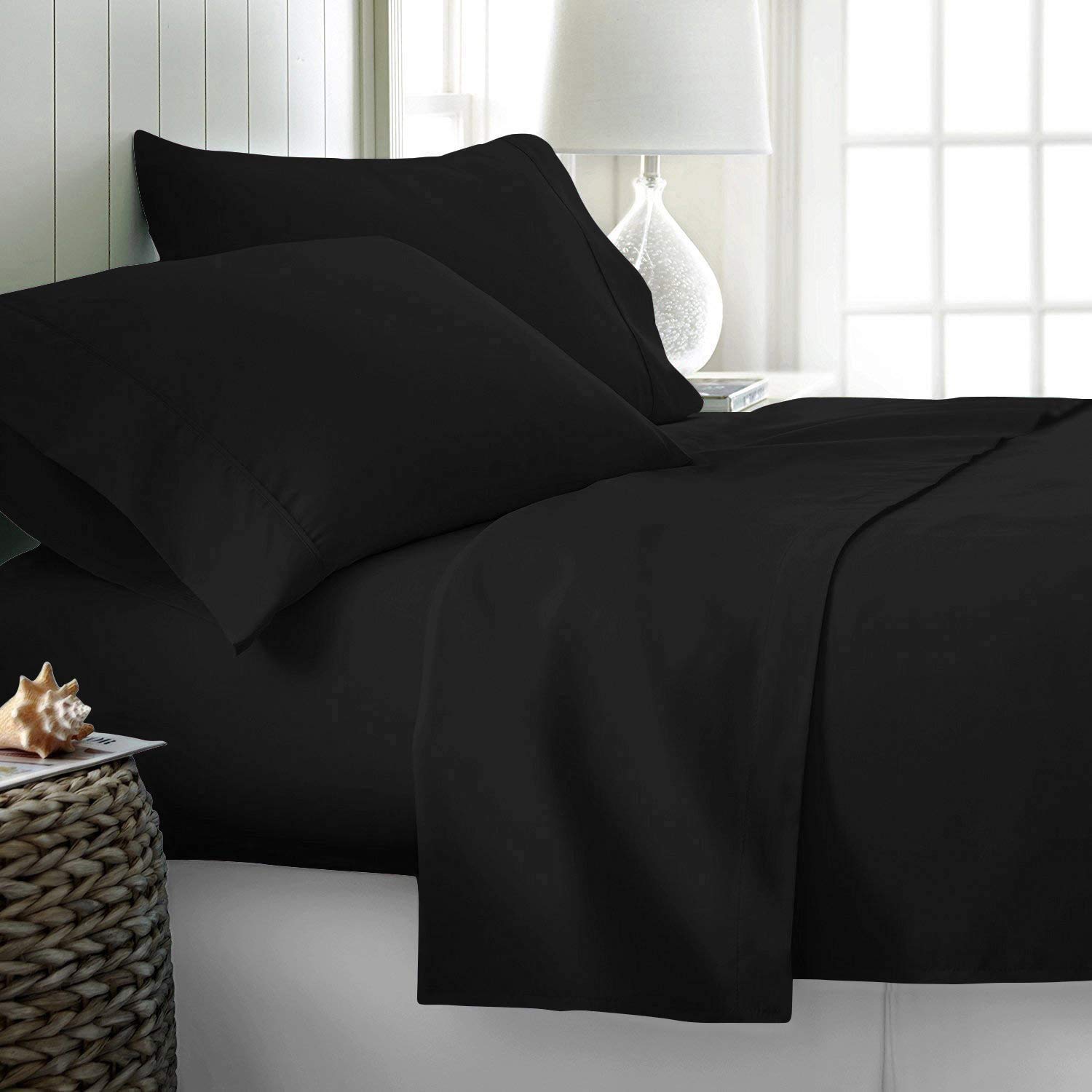 Esplic 100% Bamboo 4-Piece Queen Size Bed Sheet Set - Cooling, Super Soft & Breathable - Fits 22-24'' Deep Pockets (Solid Black) - Perfect for Hot Sleepers & All-Season Comfort