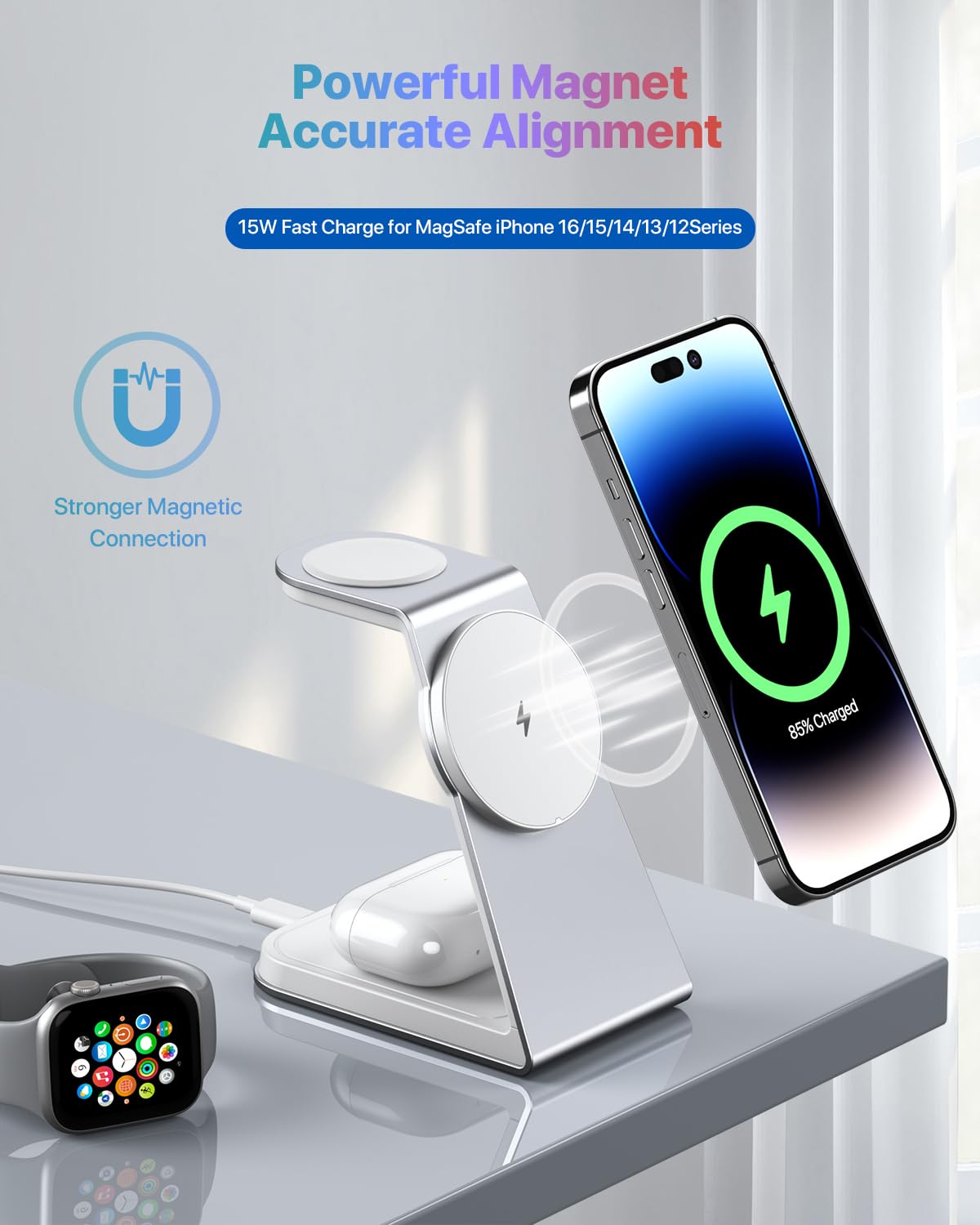 3 in 1 Magnetic Wireless Charging Station for iPhone 16/15/14/13 Series - 15W Fast MagSafe Charger Stand with Aluminum Alloy Base - Compatible with Apple Watch Series & AirPods 3/2/Pro - Perfect for Bedside, Office & Travel Charging