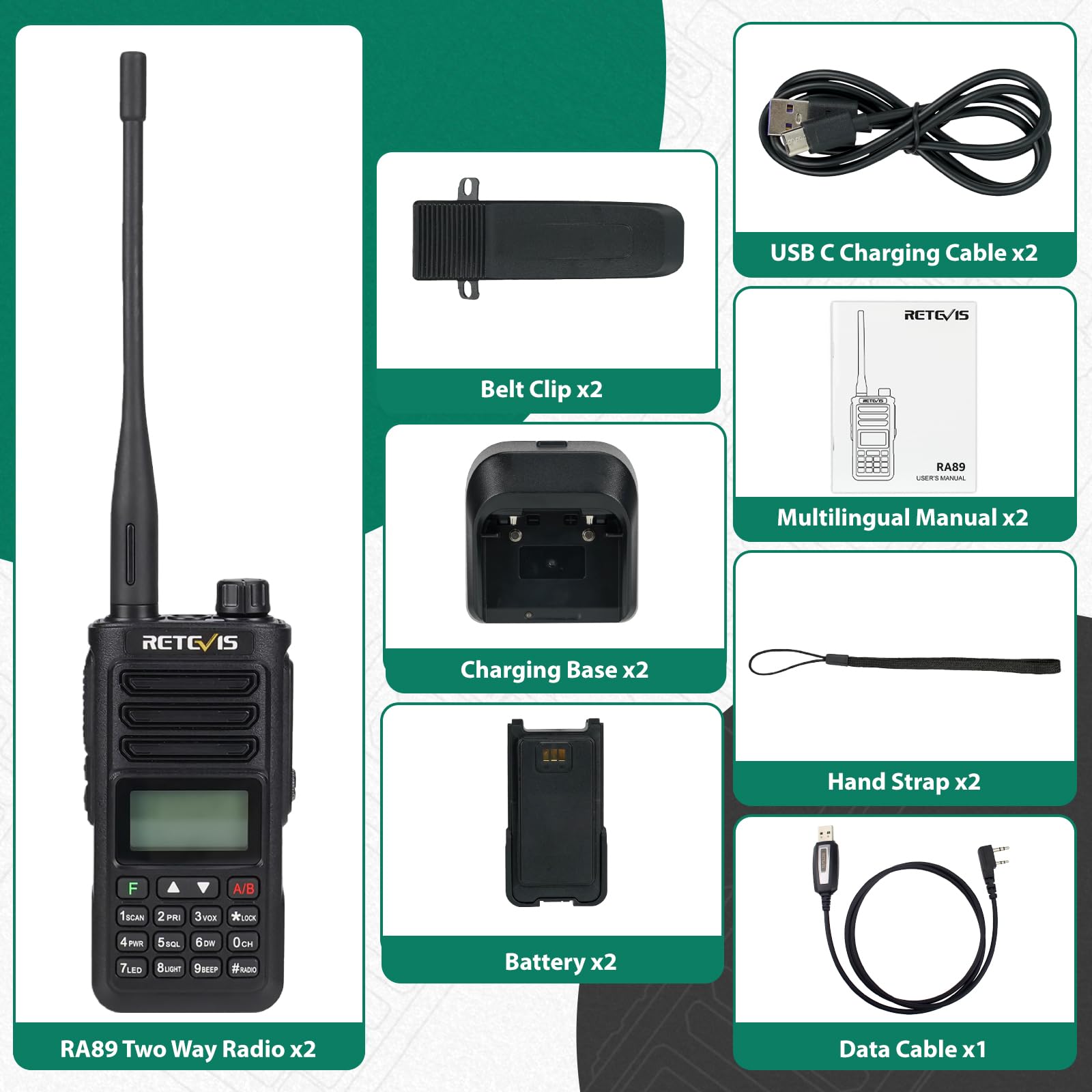 Retevis RA89 High Power IP68 Waterproof Dual Band Ham Radio Walkie Talkie - 2500mAh USB-C Rechargeable, VFO, Easy Pairing for Emergency Rescue, Hunting & Outdoor Adventures (2 Pack, Black) - Perfect for Camping, Hiking, and Off-Road Communication