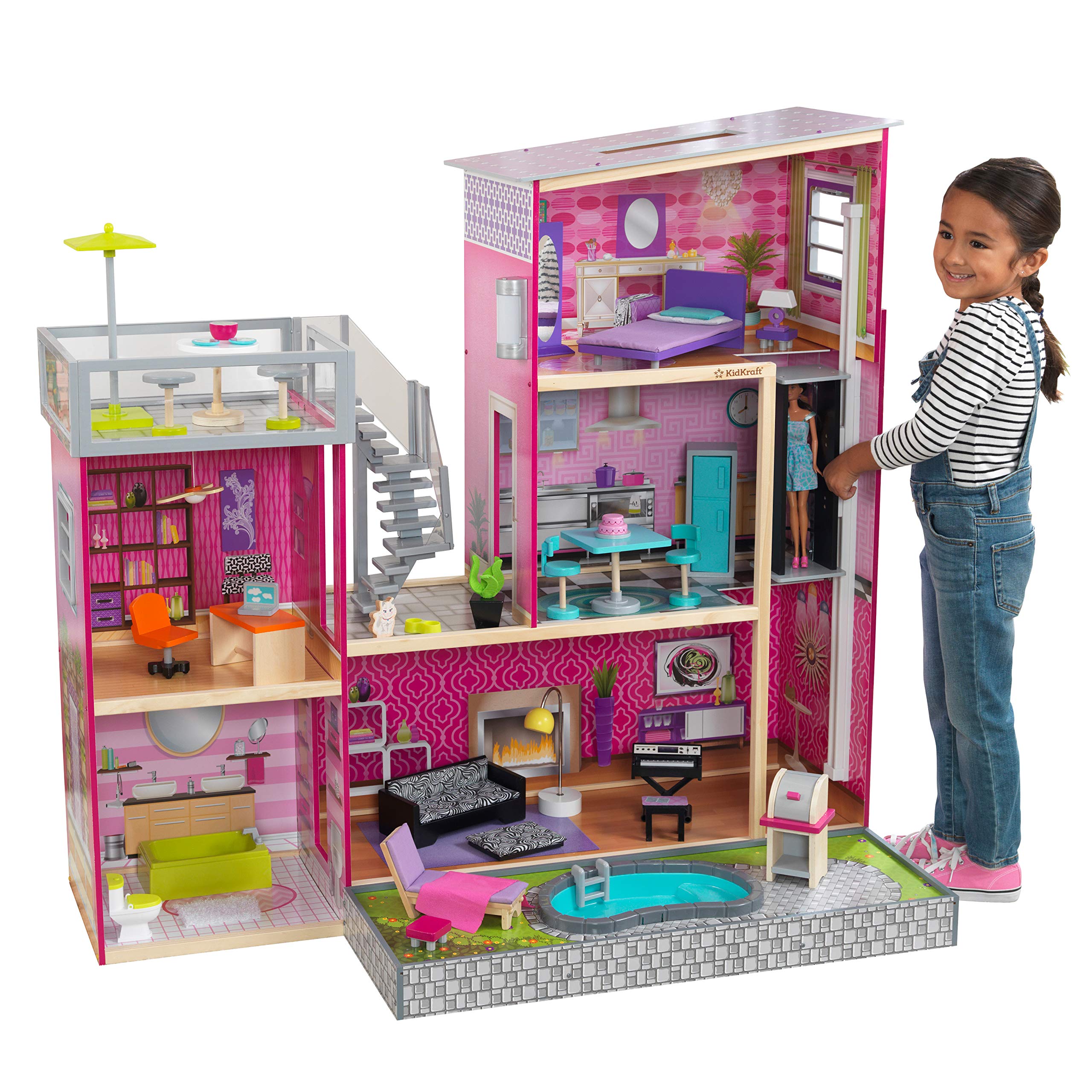 KidKraft Uptown Wooden Modern Dollhouse with Lights & Sounds, Pool & 36 Accessories – Interactive Pretend Play Toy for Girls & Boys, Perfect Gift for Birthday & Christmas | Indoor Playroom & Kids Bedroom Decor