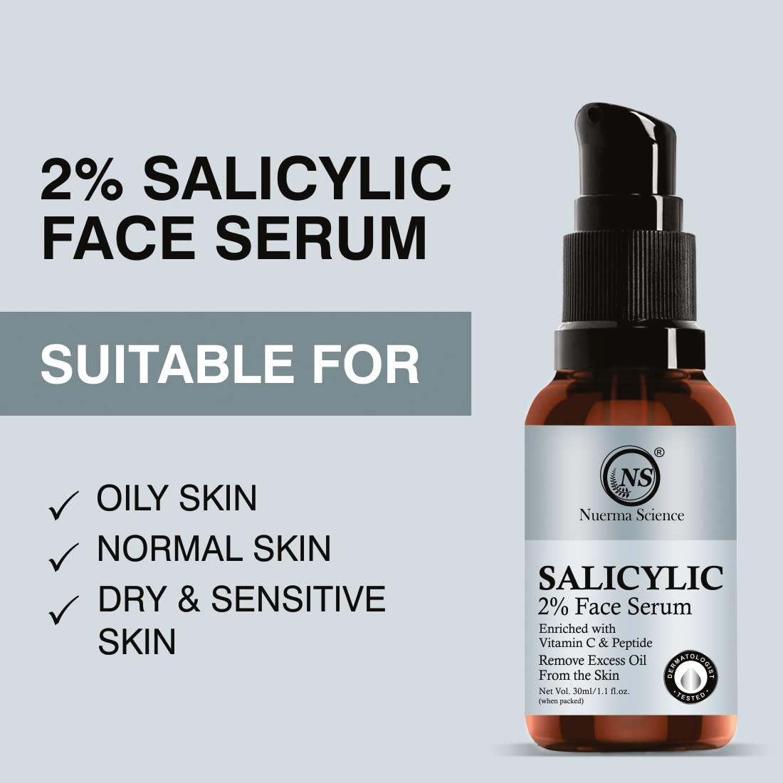 Nuerma Science 2% Salicylic Acid Face Serum - BHA Exfoliator for Oily & Acne-Prone Skin - Reduces Excess Oil, Blackheads, Whiteheads & Pores - 30ml - Perfect for Daily Skincare Routine & Blemish Control