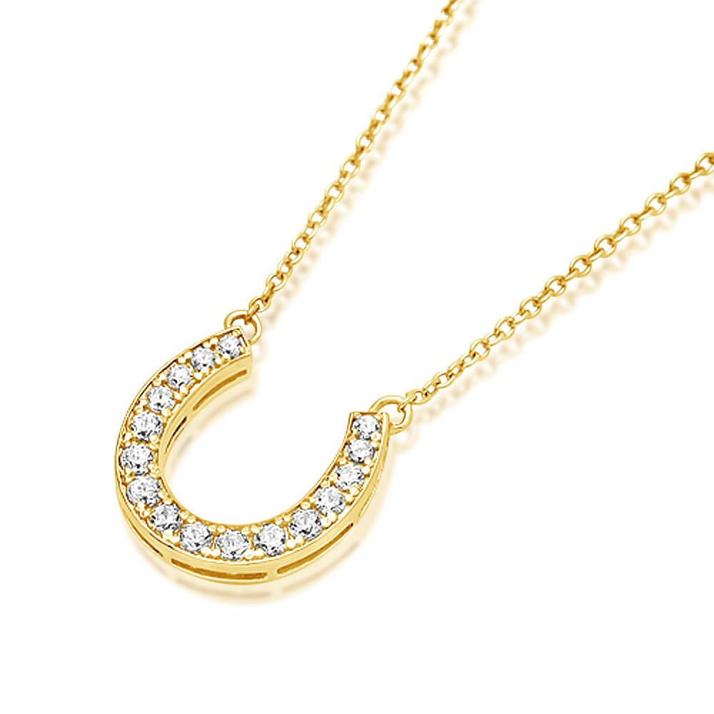 14K Gold or Rose Gold Plated Sterling Silver Horseshoe Pendant Necklace with CZ, 16-18 Inch Chain - Perfect for Good Luck Gifts & Everyday Jewelry