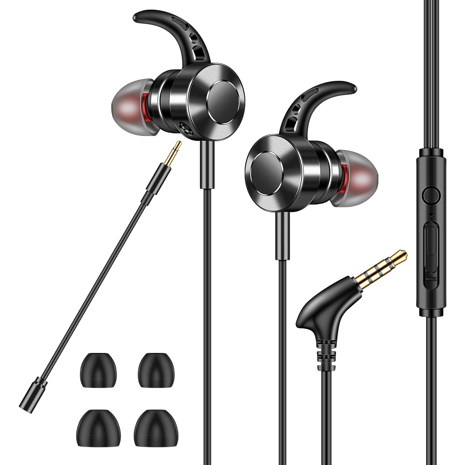 HoneyAKE Gaming Earbuds with Detachable Dual Mic, Noise Cancelling In-Ear Headphones for PS5, PS4, Xbox One, PC, Mac - HiFi Sound with 3.5mm Jack - Perfect for Esports, Streaming & Mobile Gaming (Black)