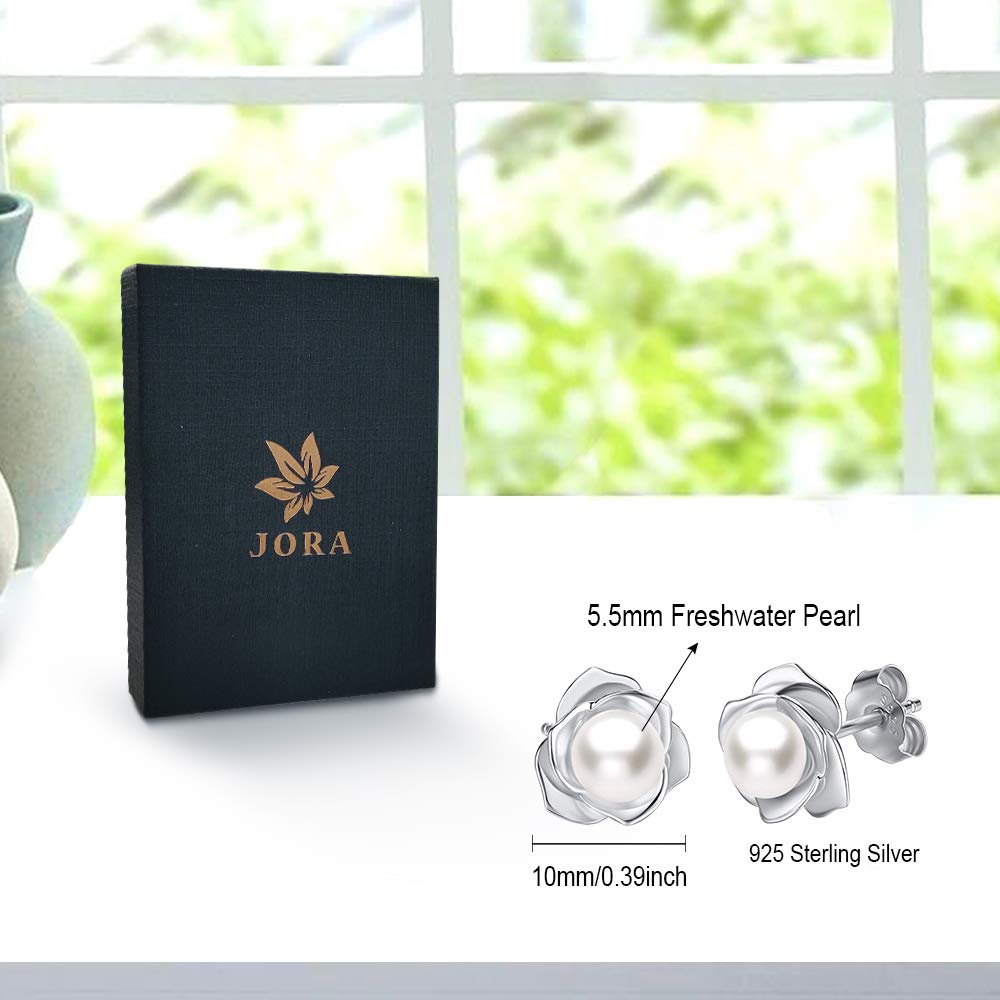 JORA Rose Gold Plated Sterling Silver Rose Flower & Pearl Stud Earrings for Women - Elegant Jewelry Gift for Valentine's Day, Anniversary & Special Occasions
