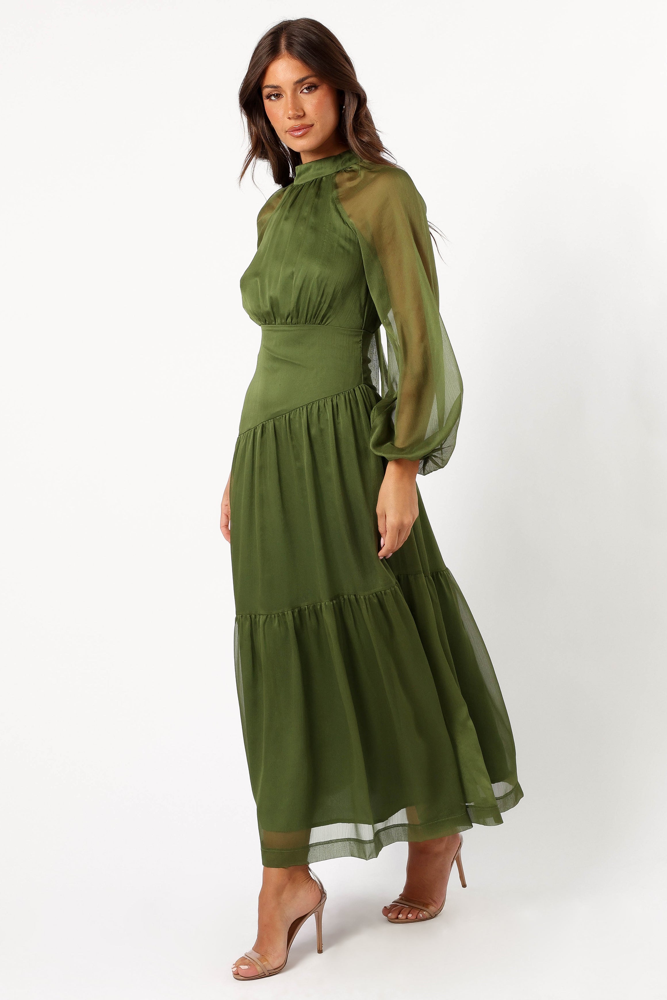 Julip Sheer Long Sleeve Maxi Dress for Women - Olive Green Flowy Boho Beach Cover Up Dress for Summer Vacation, Date Night & Outdoor Parties