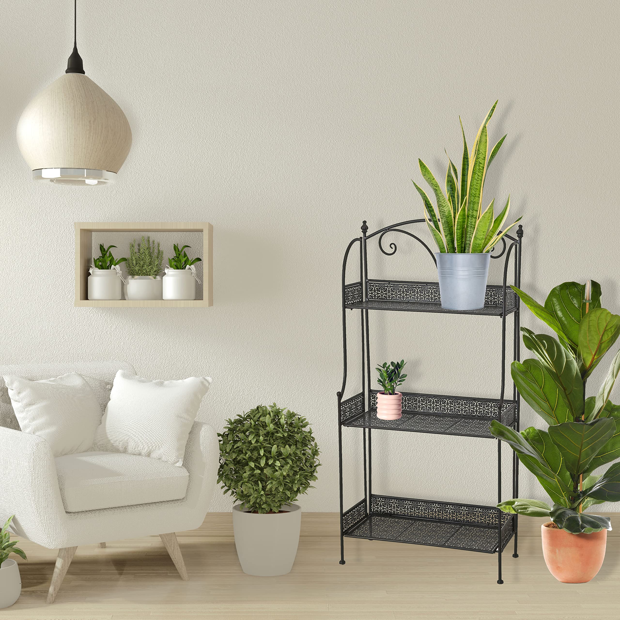 WHW 3-Tier Plant Stand - Black Powder Coated Iron Shelf with Floral Design for Indoor/Outdoor Plants - 23.5