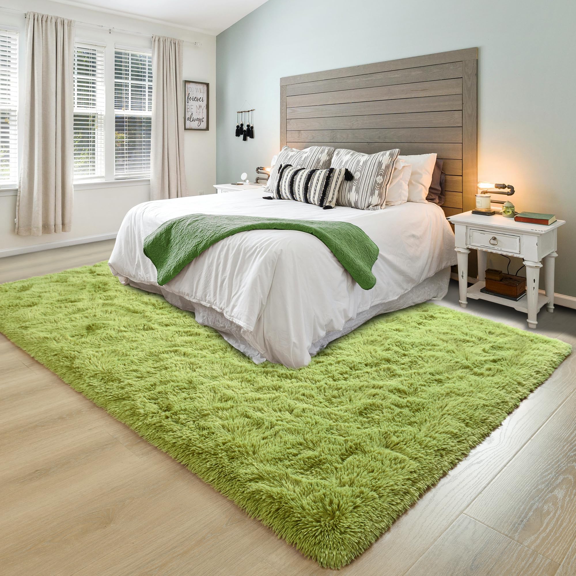Junovo Ultra Soft 6x9 Feet Fluffy Shaggy Area Rug - Plush Carpet for Bedroom, Living Room, Nursery, Kids Room - Non-Slip Home Decor Floor Mat in Green (Perfect for Cozy Spaces & Play Areas)
