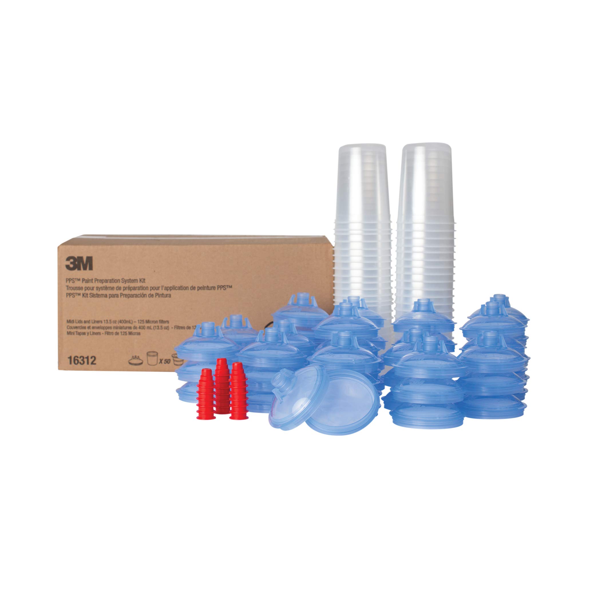 3M PPS (Original Series) Paint Spray Gun Cup Lids and Liners Kit - 16312, Midi Size, 13.5 oz Capacity, 125-Micron Filter - Compatible with Automotive, Furniture & Home Painting Projects - Includes 50 Disposable Lids & Liners + 20 Sealing Plugs - Perfect for Professional Auto Body Shops, DIY Home Renovations & Woodworking Projects