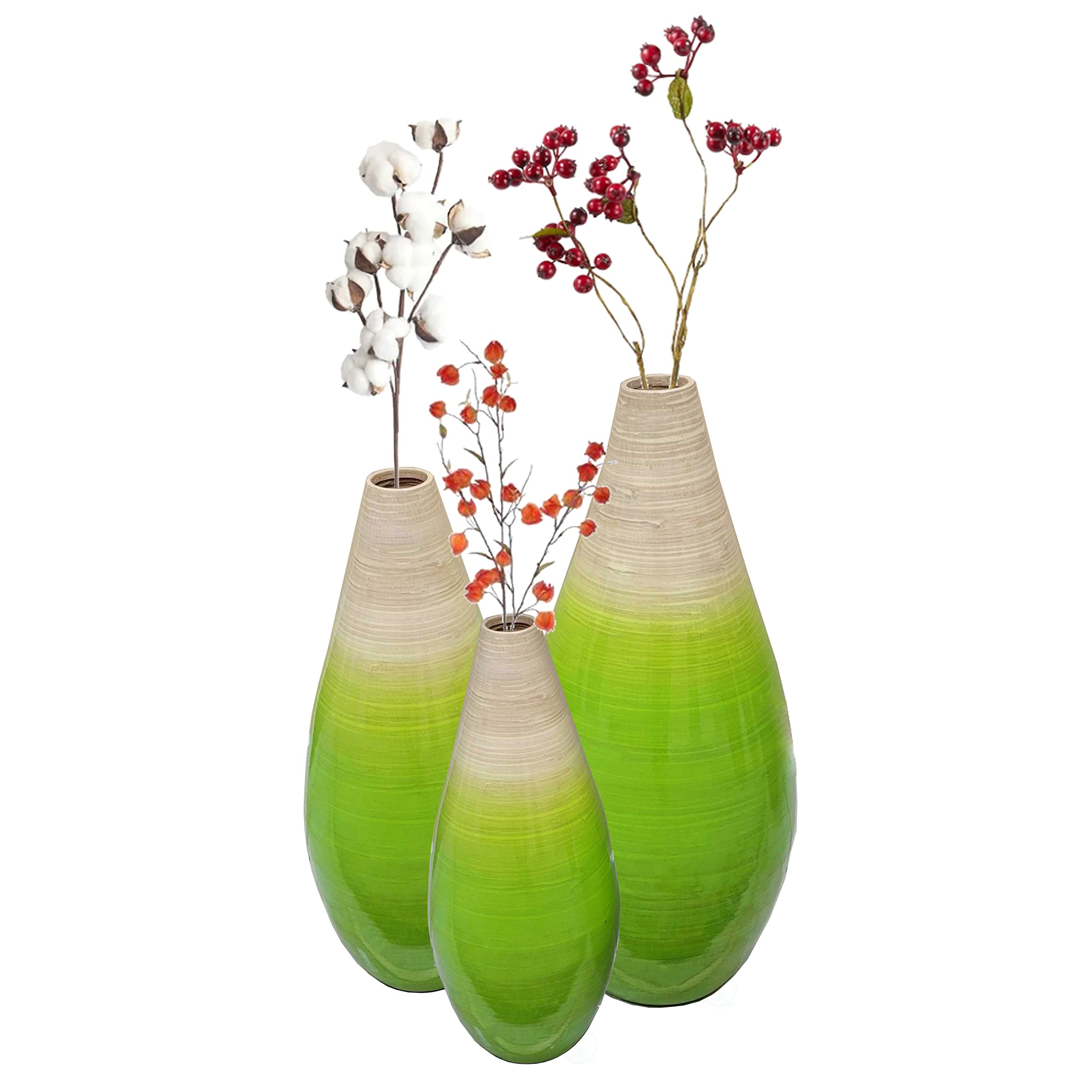 Modern Bamboo Floor Vase Set of 3 - Elegant Tear Drop Design for Home Decor - Perfect for Living Room, Dining Room & Entryway - Ideal for Dried Flowers, Branches & Floral Arrangements (Green) - Great for Farmhouse, Boho & Minimalist Interior Styles