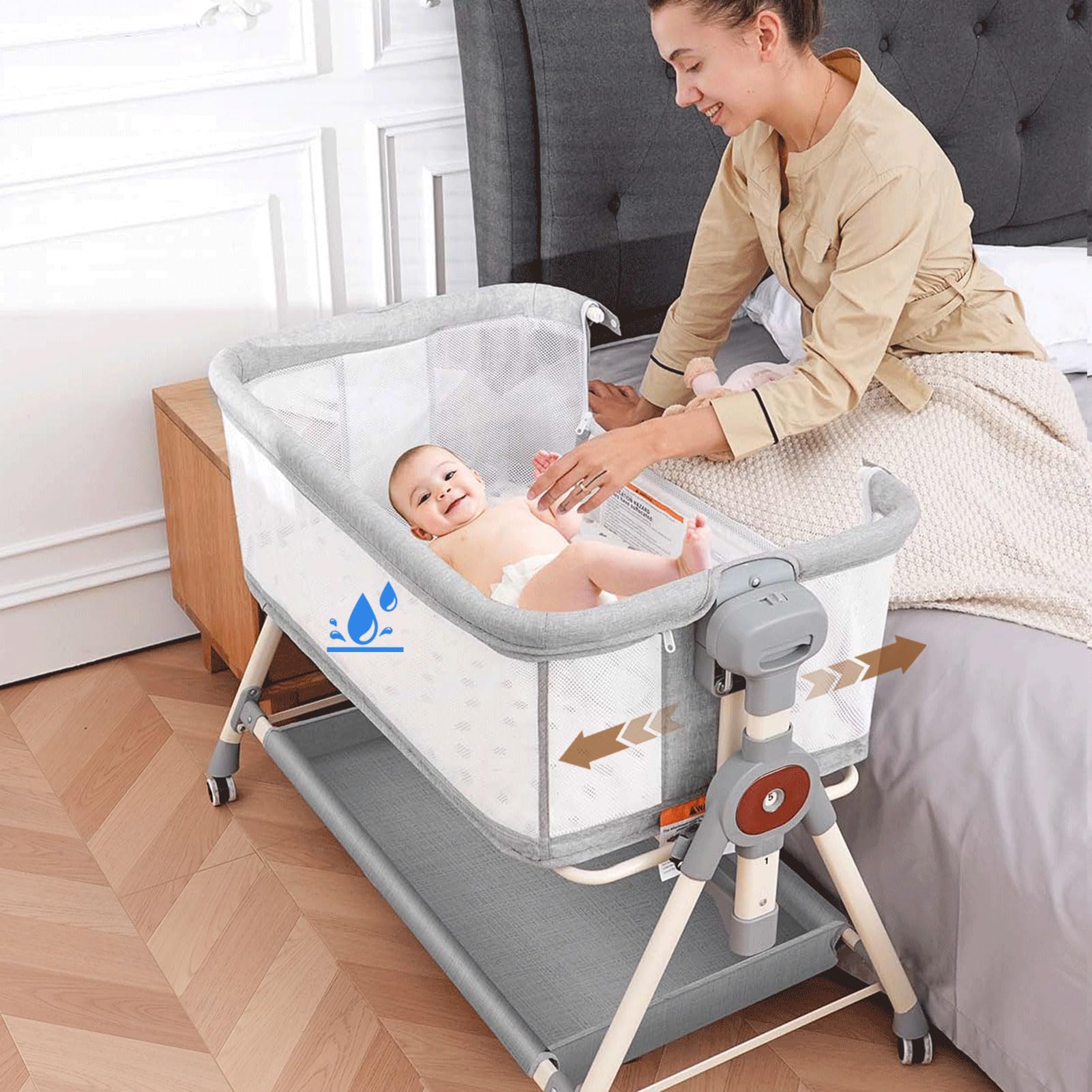 Portable Baby Bassinet with Waterproof Sheet - 3-in-1 Rocking Crib & Adjustable Bedside Sleeper for Newborns (6 Height Settings, Grey) - Perfect for Nursery, Bedroom & Travel Use