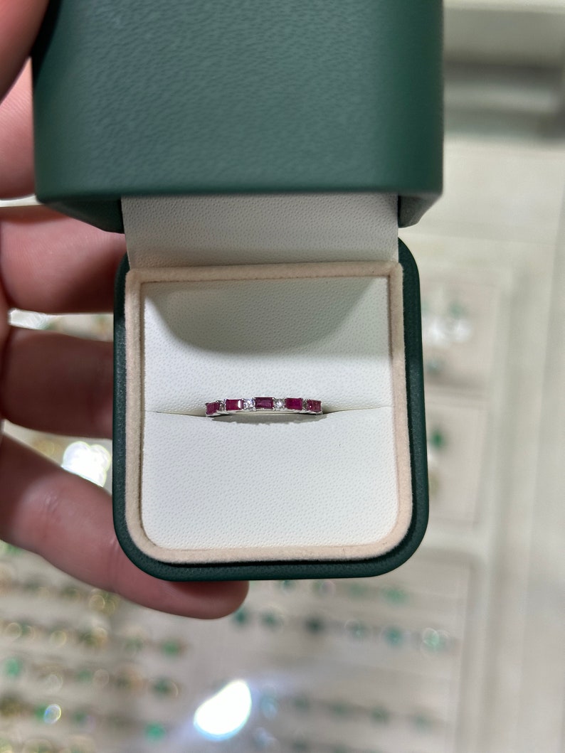 0.42tcw 14K White Gold East-West Prong Set Red Ruby & Diamond Accent Band Ring for Women - Elegant Wedding, Engagement, Anniversary Gift Idea