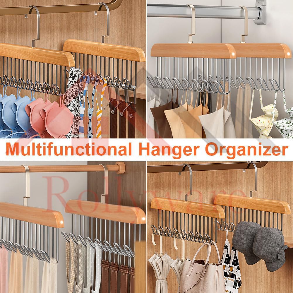 ROLYWARE Wooden Belt Hanger with 8 Hooks - Sturdy Non-Slip Rotating Belt Rack for Closet & Wardrobe Organization - Space Saving Display for Belts, Hats, Bra & Tank Tops (Natural Wood, 1) - Perfect for Bedroom, Closet & Dorm Storage Solutions