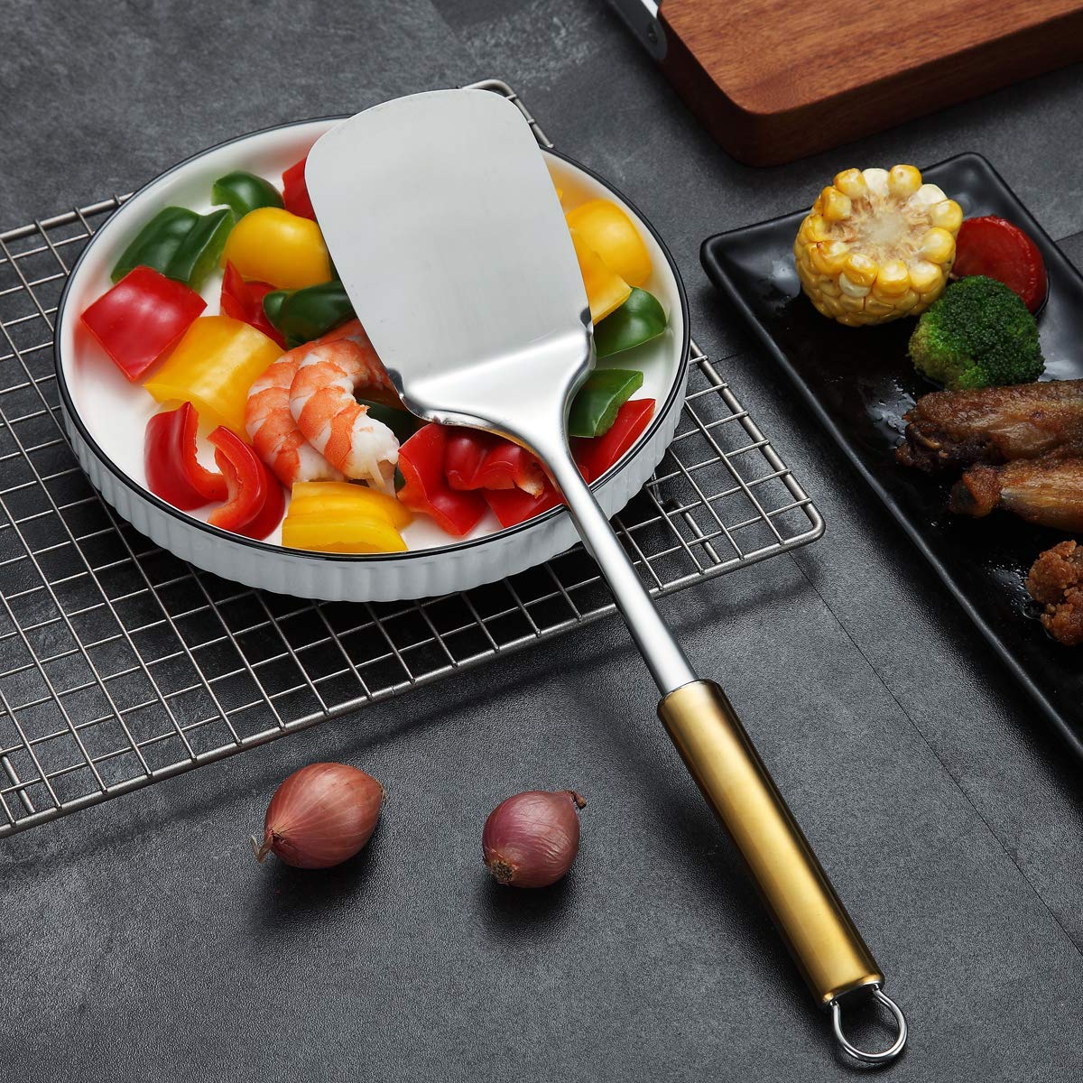 Premium Stainless Steel Spatula with Gold Handle - Titanium Plated Solid Turner for Cooking, Flipping, BBQ & Fish - Durable Kitchen Utensil for Grilling, Frying & Baking (Gold Handle)