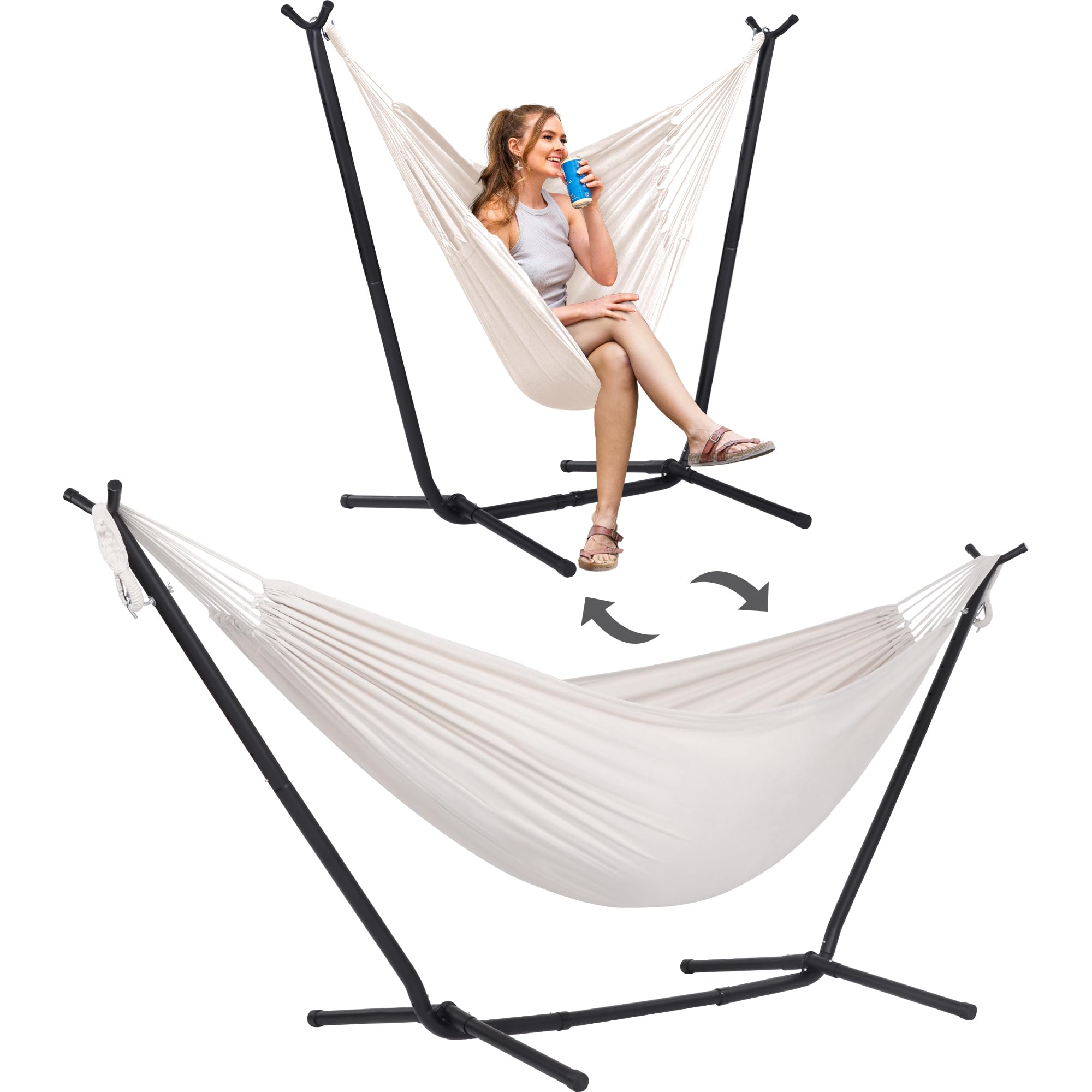 SUNCREAT 2-in-1 Convertible Hammock with Stand - Outdoor Patio Swing Bed & Relaxation Chair - Beige - Perfect for Backyard, Garden, Beach, and Camping