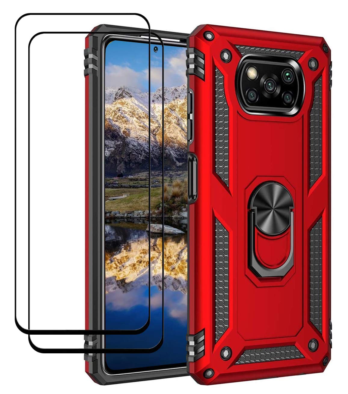 YaHan 2-Pack Heavy Duty Shockproof Case for Xiaomi Poco X3 NFC/X3 - 360° Rotating Ring Kickstand & Tempered Glass Screen Protector | Perfect for Workout, Travel & Outdoor Activities (Red)