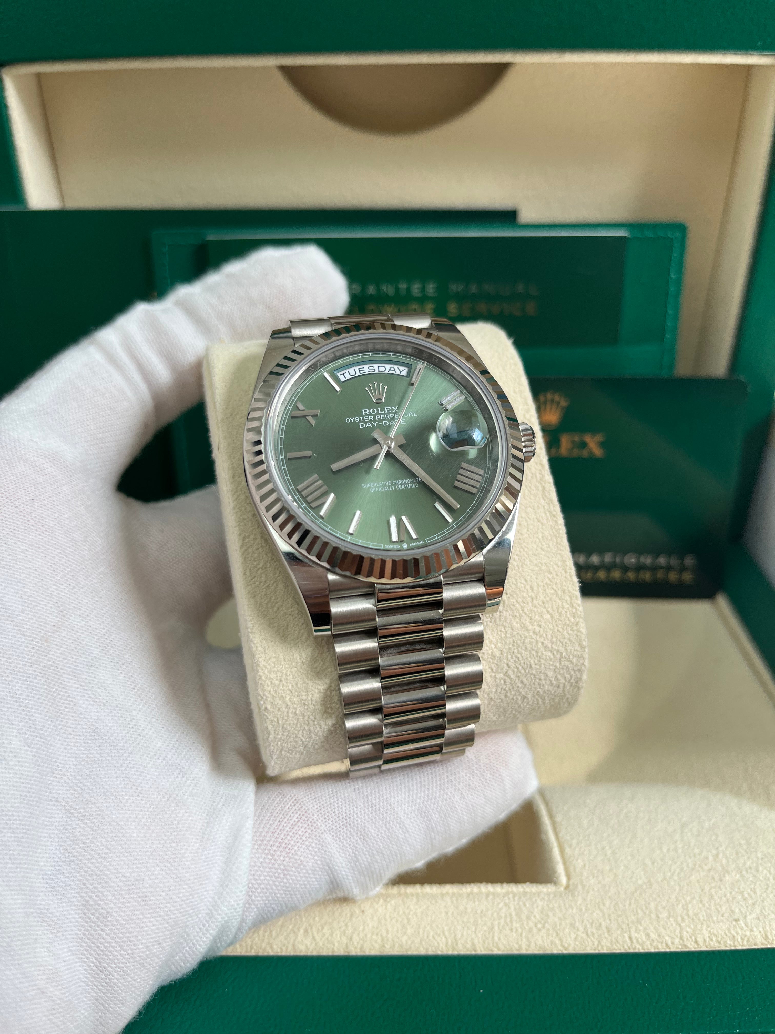 Rolex Day Date 40 White Gold Watch with Fluted Bezel & Olive Green Roman Dial - President Bracelet (Ref# 228239) | Luxury Dress Watch for Business & Formal Occasions