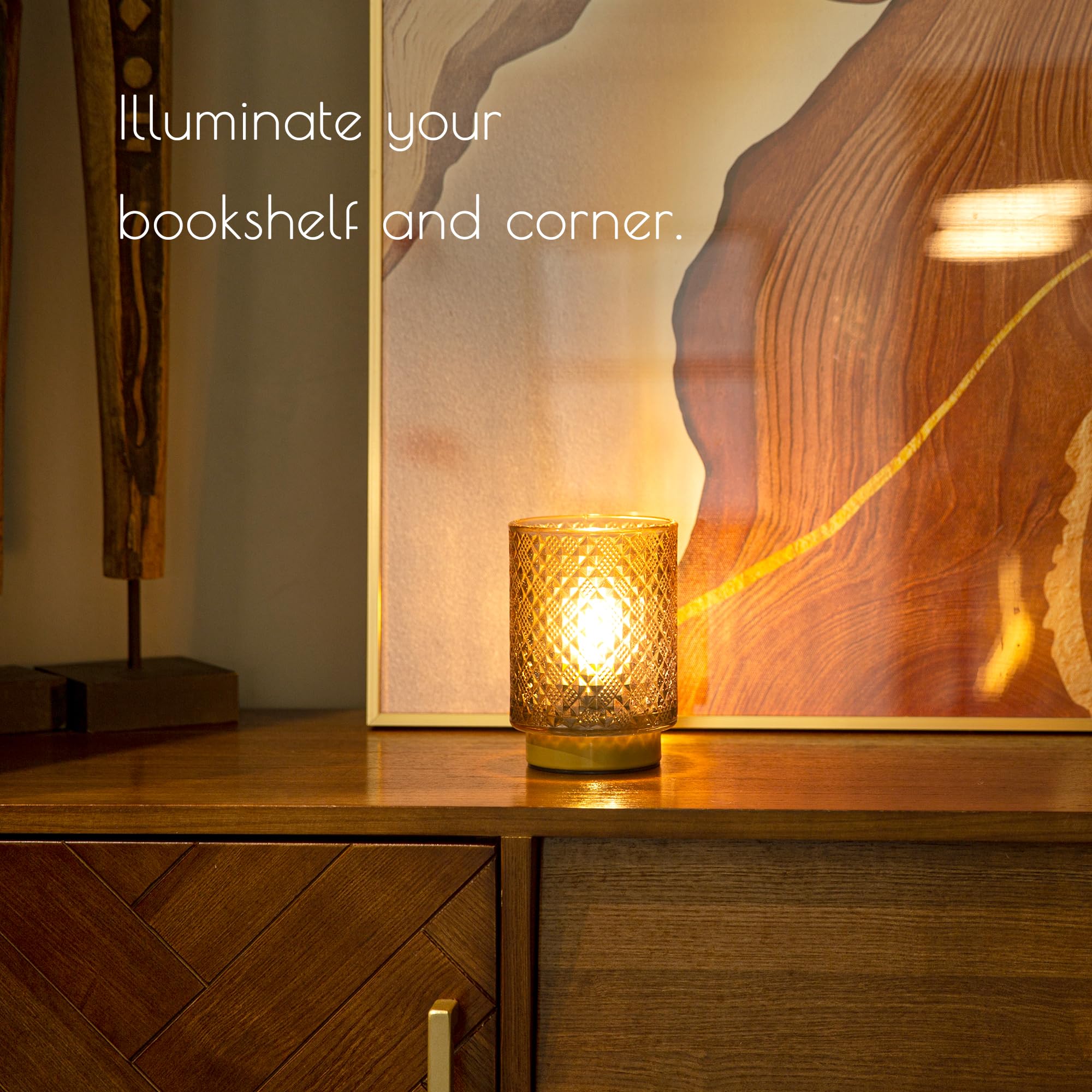 Battery Operated LED Table Lamp with Timer, Cordless Diamond Design Amber Glass Lamp for Bedside, Living Room, Entryway, and Outdoor Use