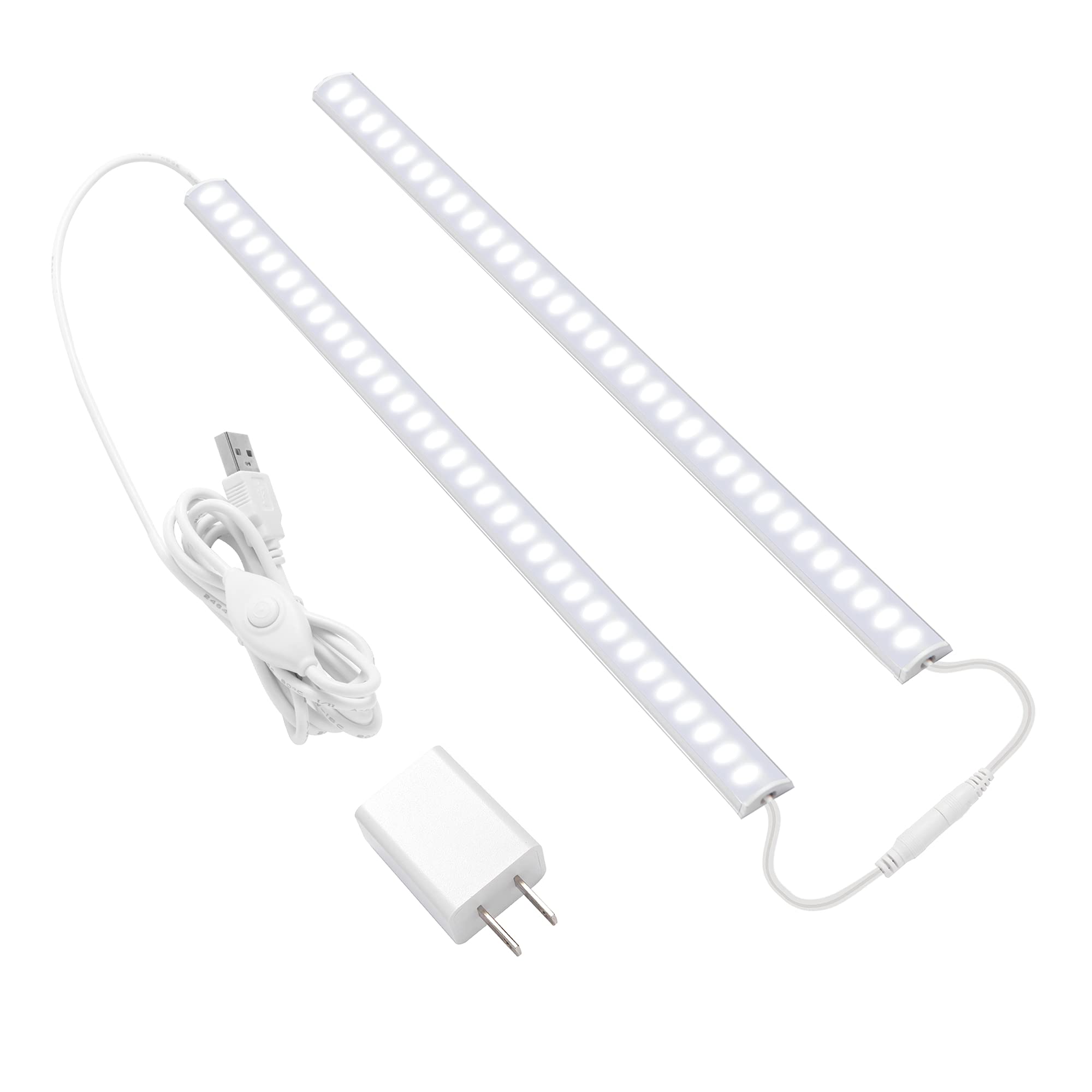 JUSJUBR Plug-in Under Cabinet LED Lighting - 2 Pack 12 Inch Dimmable Closet Lights, 6000K Cool White Linkable USB Light Bars with Memory Function - Perfect for Kitchen Countertops, Office Desks, Workshop & Display Cabinets