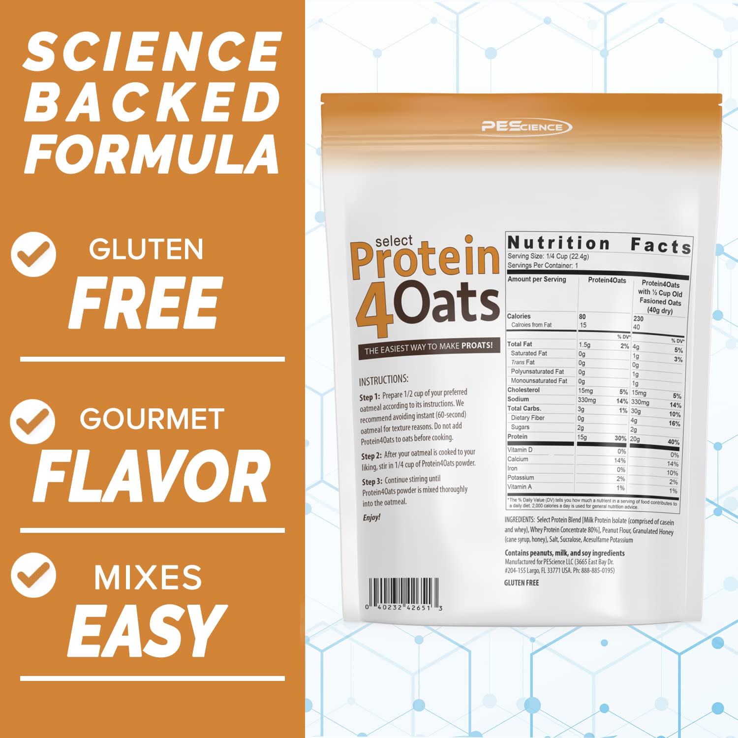 PEScience Select Protein4Oats - Peanut Butter & Honey Flavor, 12 Servings | Whey & Casein Protein Blend for Oatmeal & Oats | Perfect for Post-Workout Recovery, Breakfast Boost & Healthy Snacking