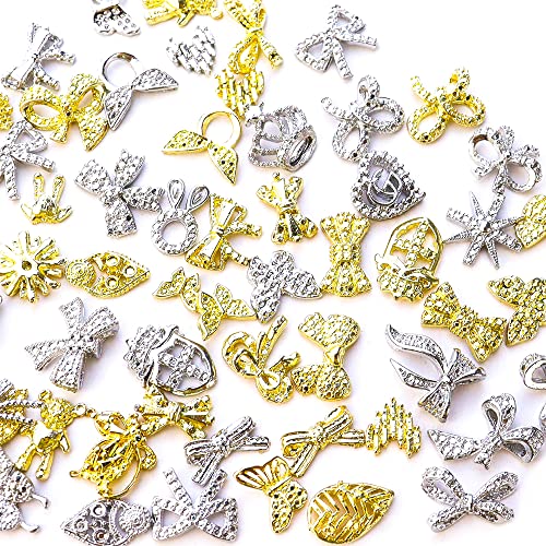 60 Pcs 3D Alloy Nail Charms - Gold & Silver Metal Nail Studs for Vintage Nail Art, DIY Nail Designs - Assorted Shapes Metallic Nail Decorations for Manicure, Nail Salon, Party & Wedding Nail Accessories