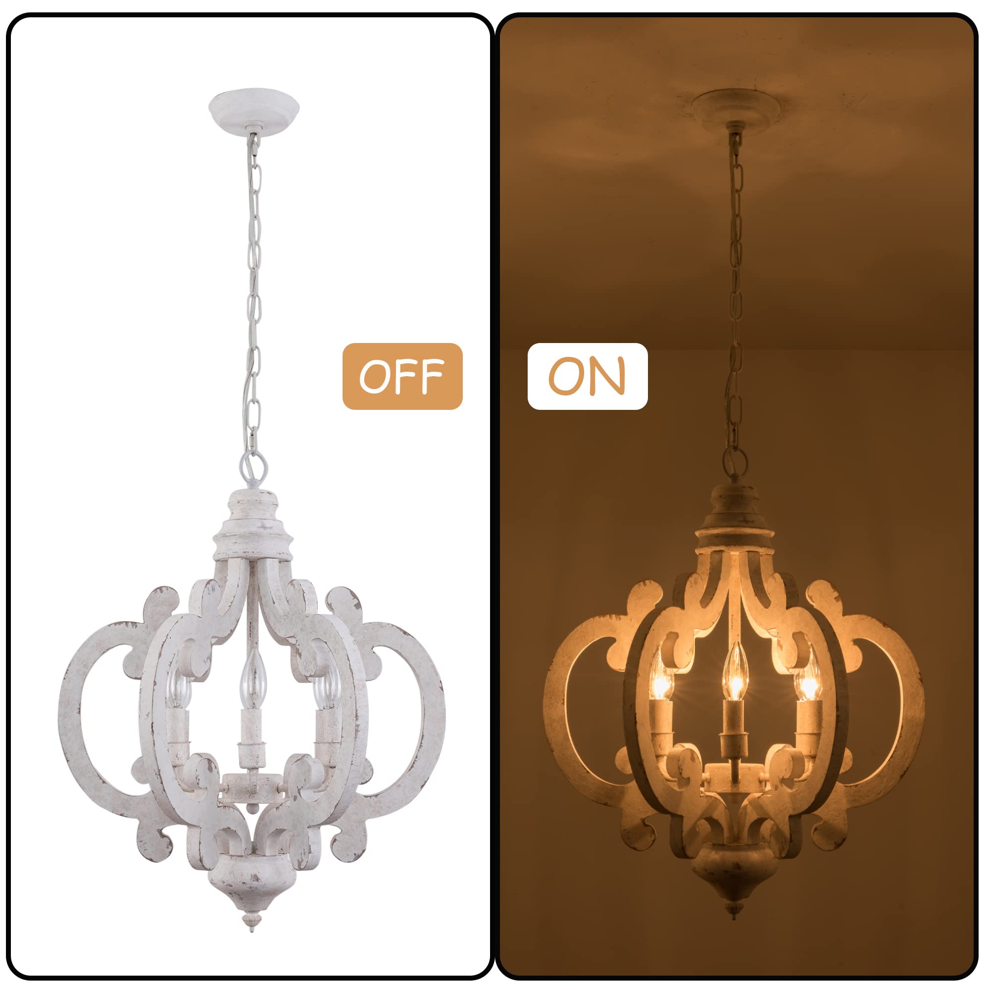 Rustic Farmhouse Chandelier - 6-Light White Wood Pendant Light with Adjustable Chain for Dining Room, Living Room, Entryway - Perfect for Country Style Home Decor & Cozy Gatherings