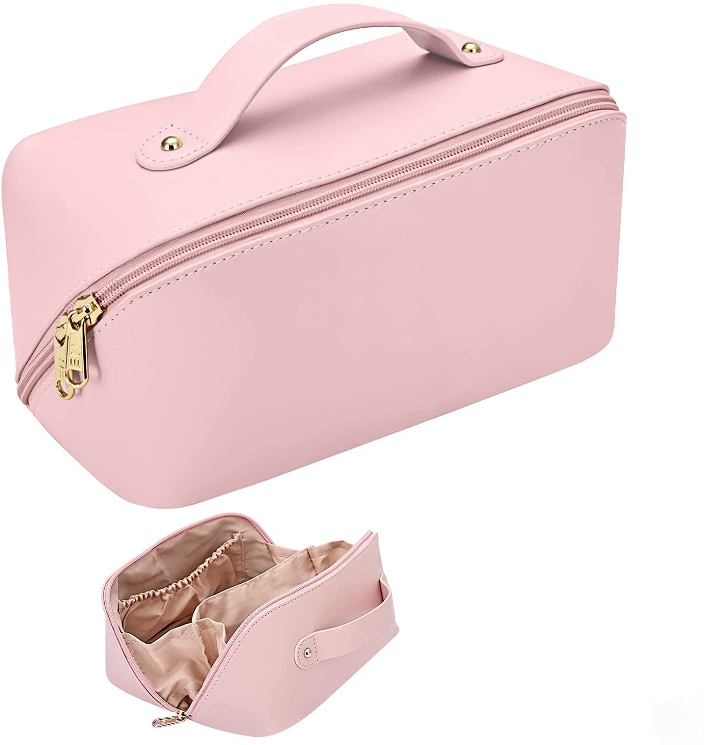 Large Capacity Waterproof PU Leather Travel Makeup Bag for Women - Pink Cosmetic Organizer with Multiple Compartments | Perfect for Vacation, Gym & Daily Use