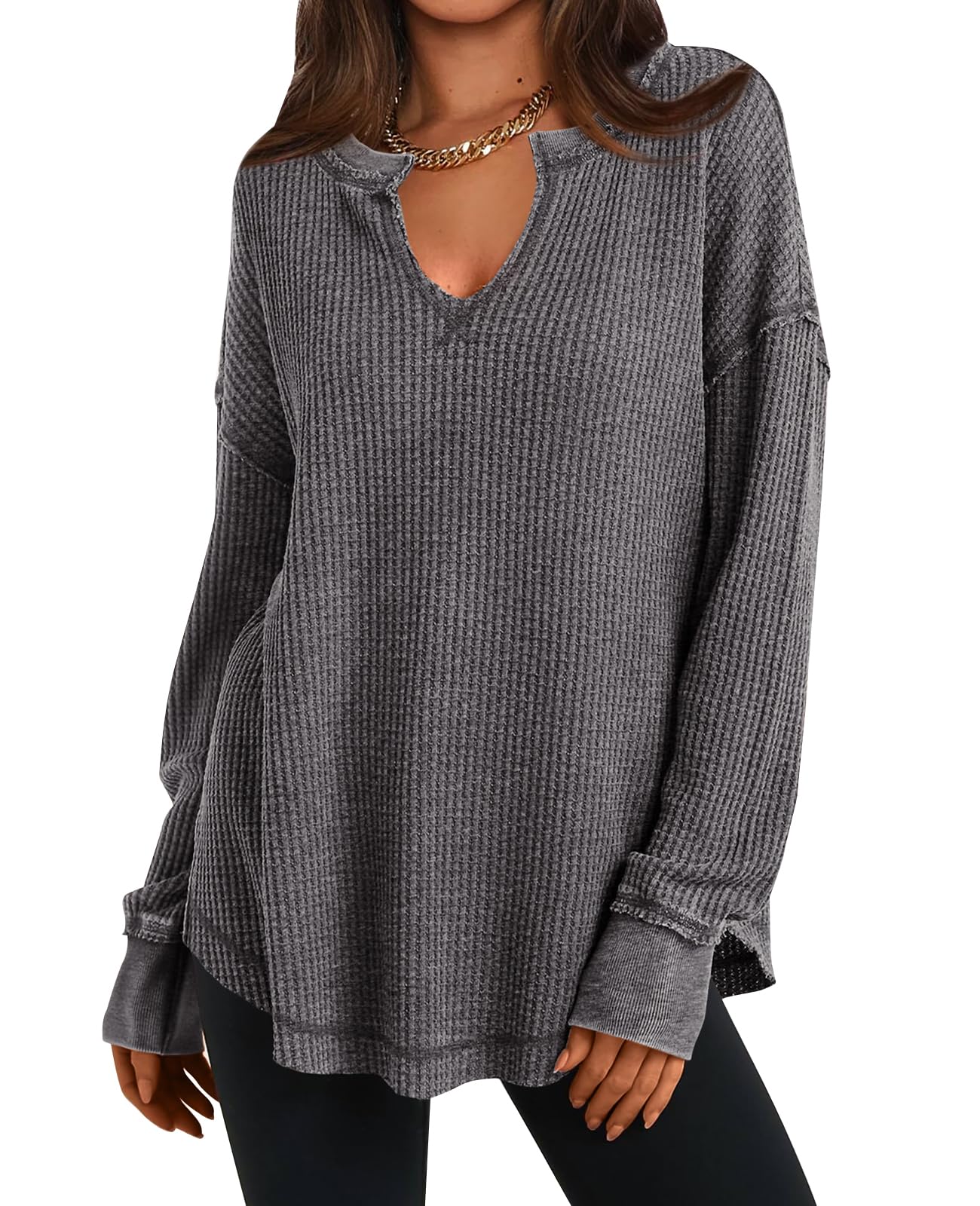 PRETTYGARDEN Women's Oversized V-Neck Waffle Knit Long Sleeve Pullover Top - Drop Shoulder Casual Shirt with Exposed Seam Detail for Spring Outfits, Loungewear & Coffee Dates