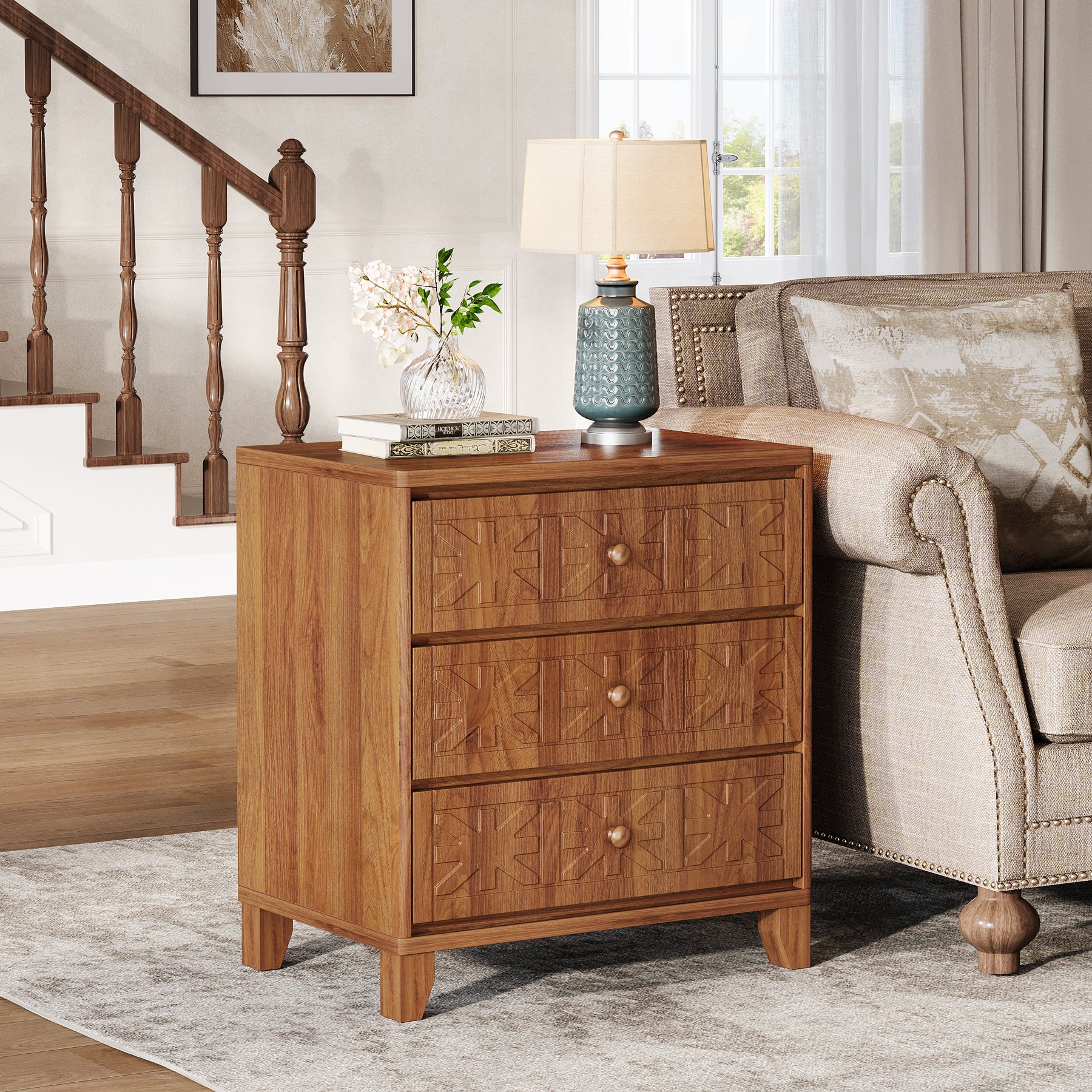 3 Drawer Nightstand - Farmhouse Style Bedside Table with Elegant Carved Patterns, Rustic Bedroom Furniture for Home Decor & Storage - Perfect for Bedroom, Living Room or Guest Room