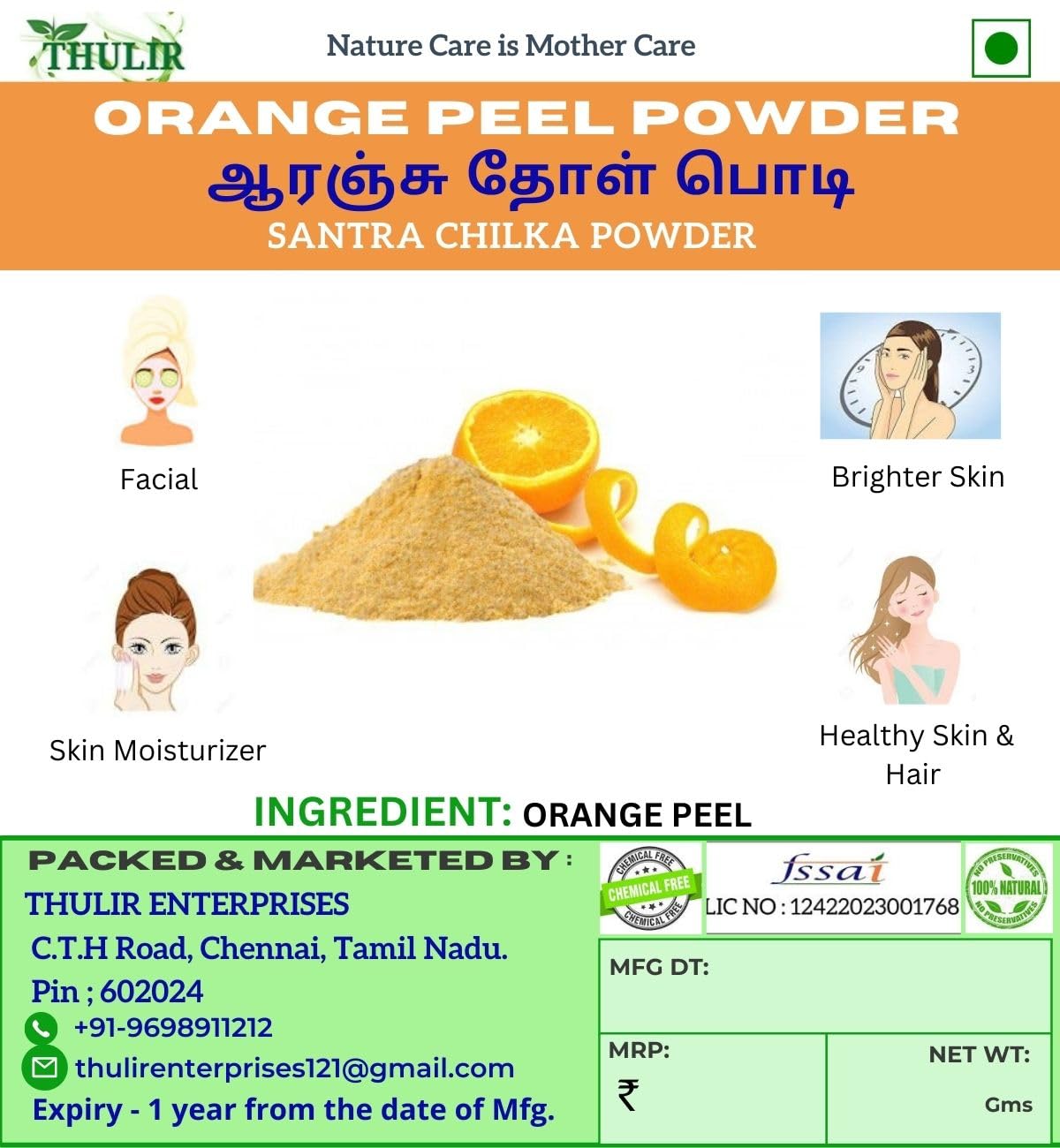 THULIR Orange Peel Powder for Glowing Skin (2x100g) | Natural Face Mask & Exfoliator | Citrus Aurantium Extract | Santra Chilka Powder Face Pack | Brightening & Anti-Aging Skincare | Perfect for DIY Spa Days & At-Home Beauty Treatments