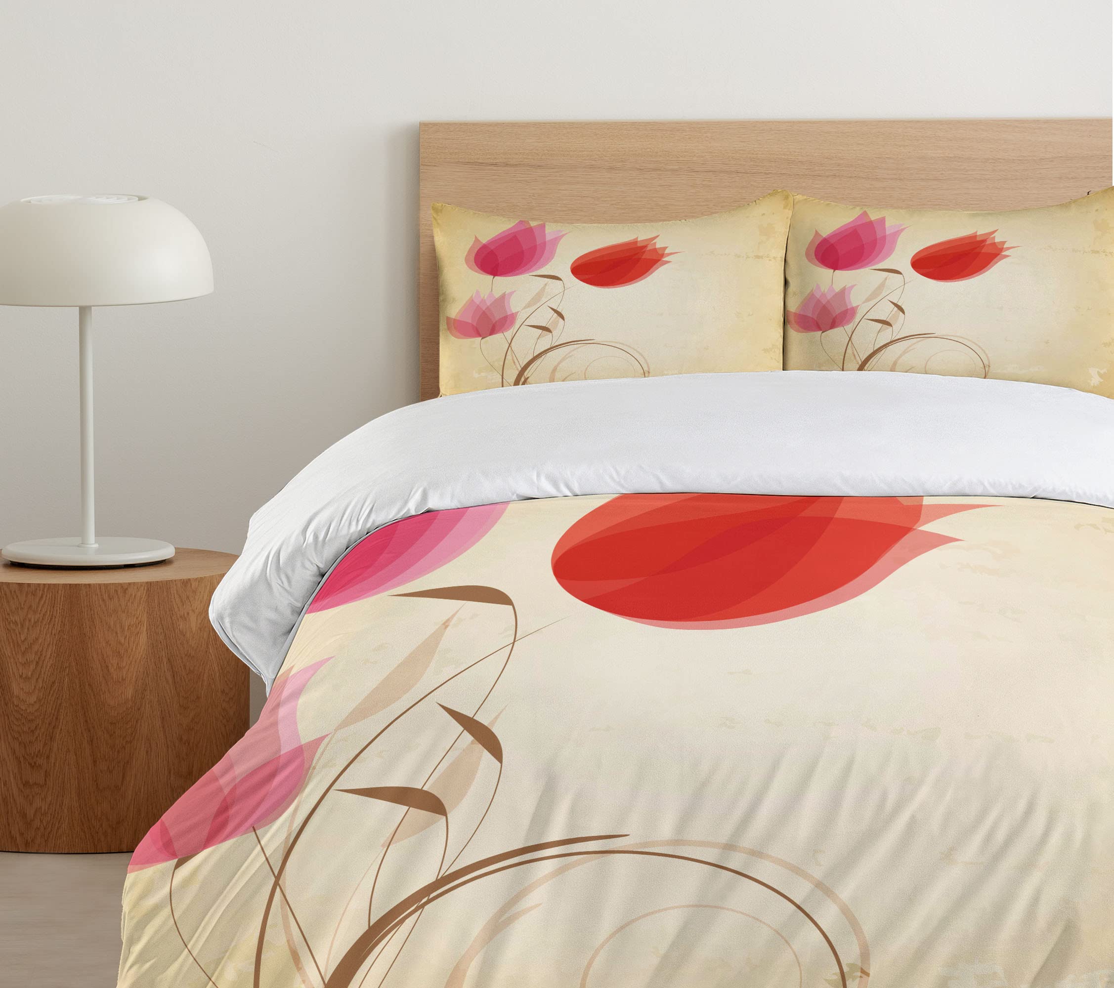 Ambesonne Floral Duvet Cover Set - Queen Size 3-Piece Bedding with 2 Pillow Shams | Tulip Flower Design in Sand Brown, Red & Pink | Nature-Inspired Home Decor for Bedroom, Guest Room & Dorm