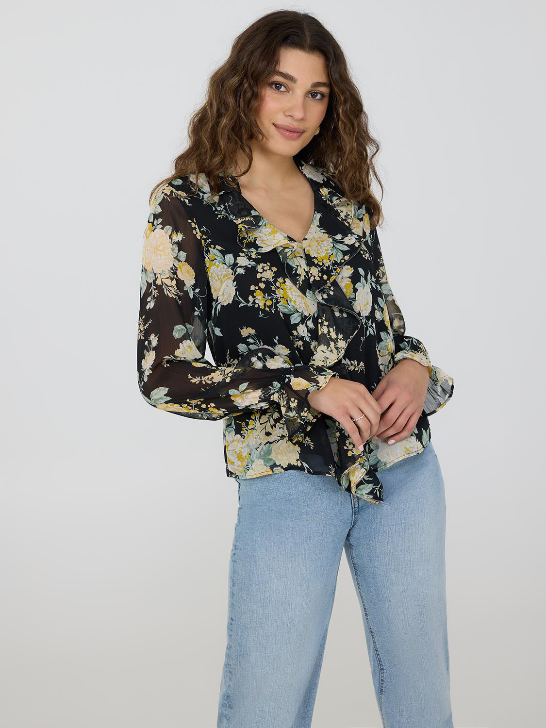 Floral Print Ruffle V-Neck Popover Blouse for Women - Elegant Spring Summer Tops for Work, Date Night & Casual Outfits
