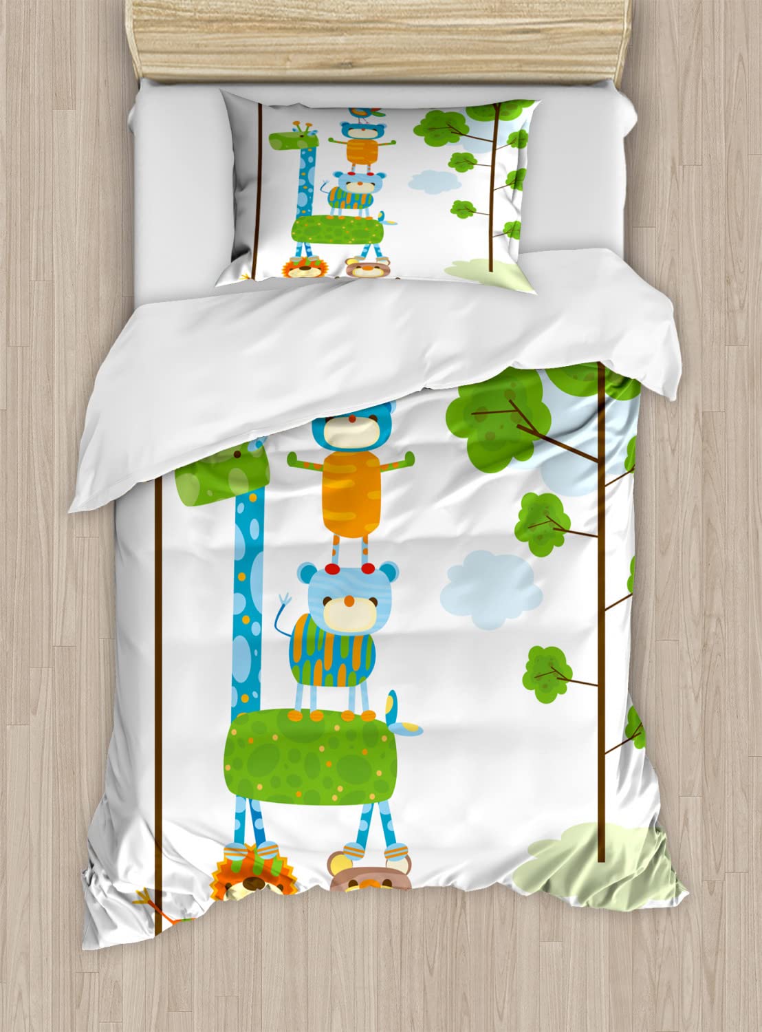 Ambesonne Cartoon Duvet Cover Set - Funny Jungle Animal Tower Design with 2 Duvet Covers & 4 Pillowcases, Queen Size 2-Pack in Green Blue Orange | Perfect for Kids' Rooms, Jungle Themed Bedrooms & Unique Gift Ideas