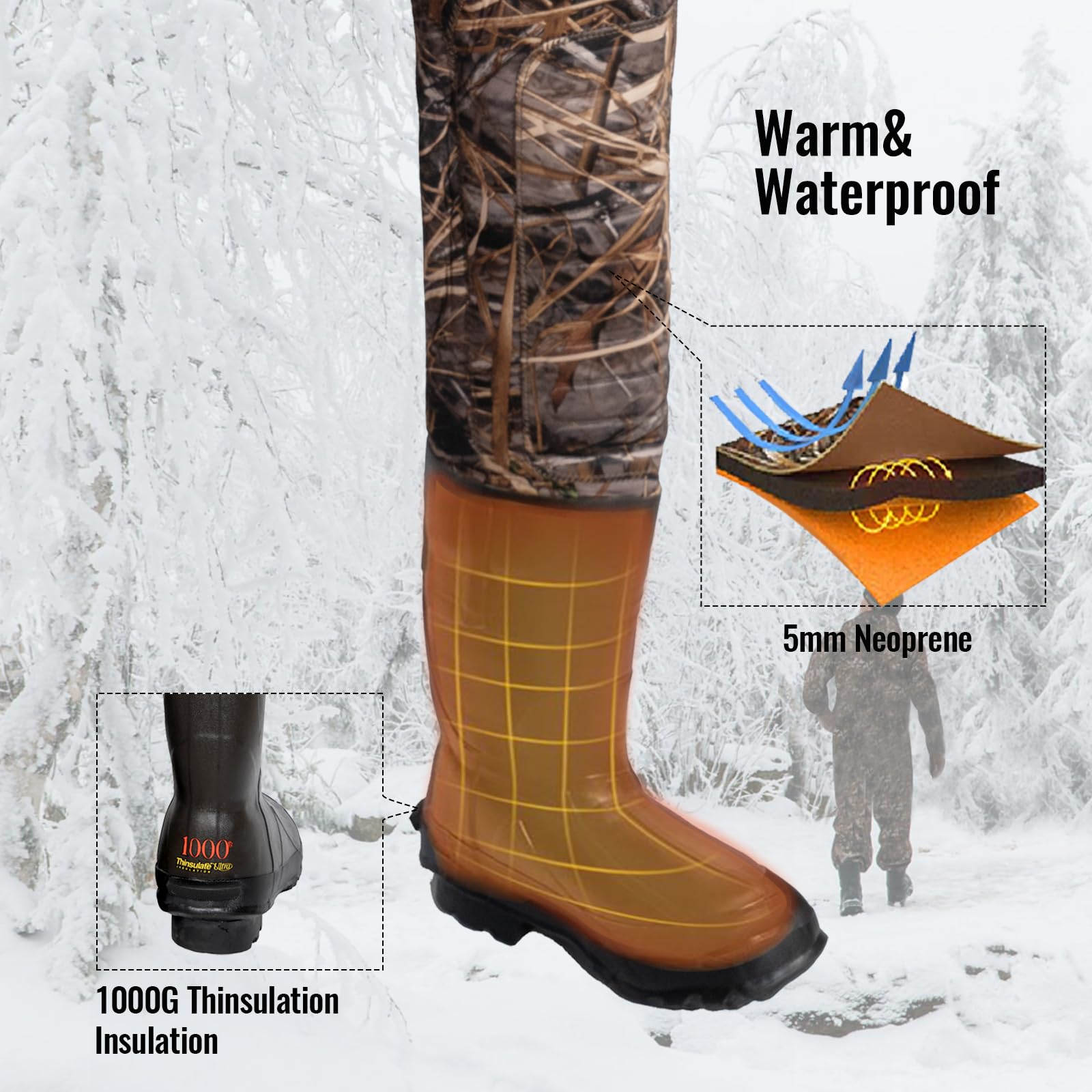8 Fans Hunting Waders with 1000G Insulation - Waterproof Neoprene Chest Waders with Rubber Boots for Men & Women - Ideal for Fishing, Duck Hunting & Outdoor Adventures