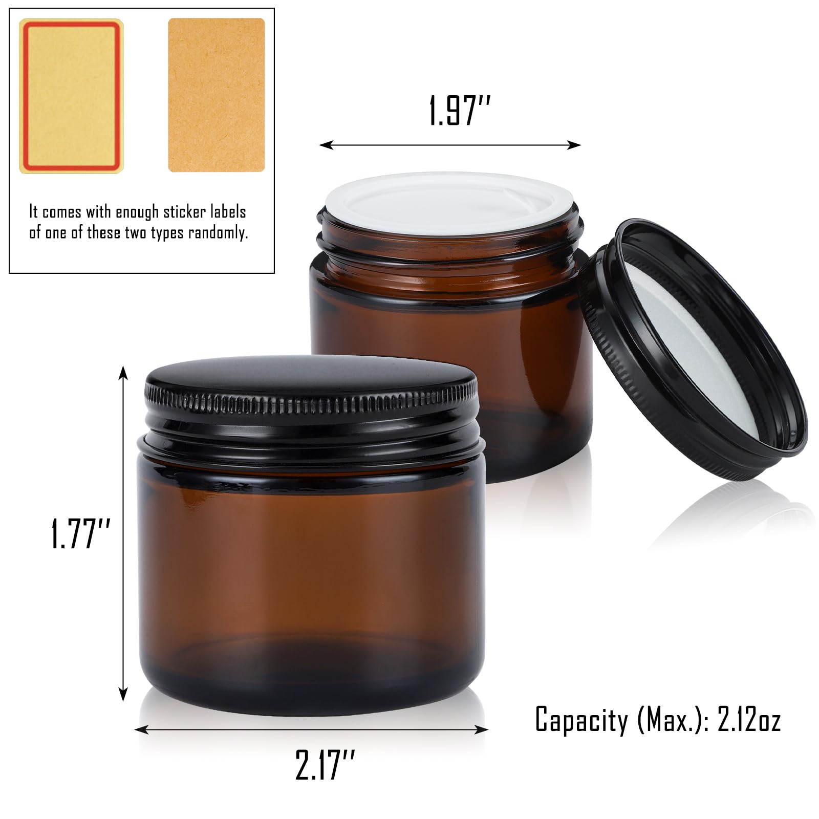 12 Pack 2oz Amber Glass Jars with Airtight Lids - Small Cosmetic Containers for Lotion, Cream, Salve & DIY Skincare - Travel-Friendly Empty Jars for Candle Making, Essential Oils & Beauty Products