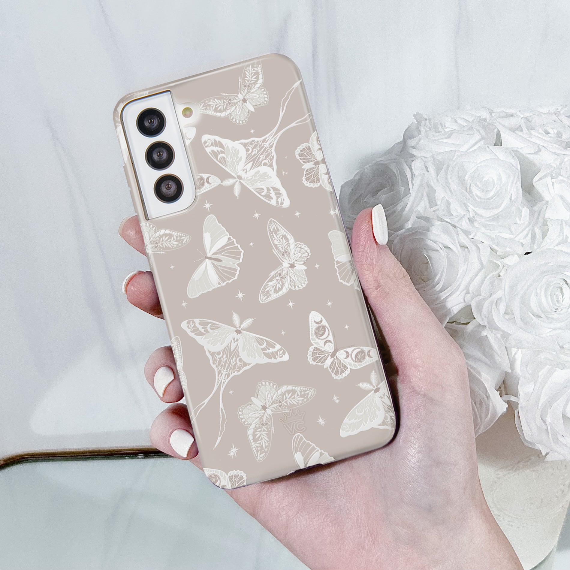 Moonlight Moths Galaxy Phone Case for Samsung S23/S22/S21 - Protective Slim Cover with Artistic Moth Design - Perfect for Nature Lovers & Outdoor Enthusiasts