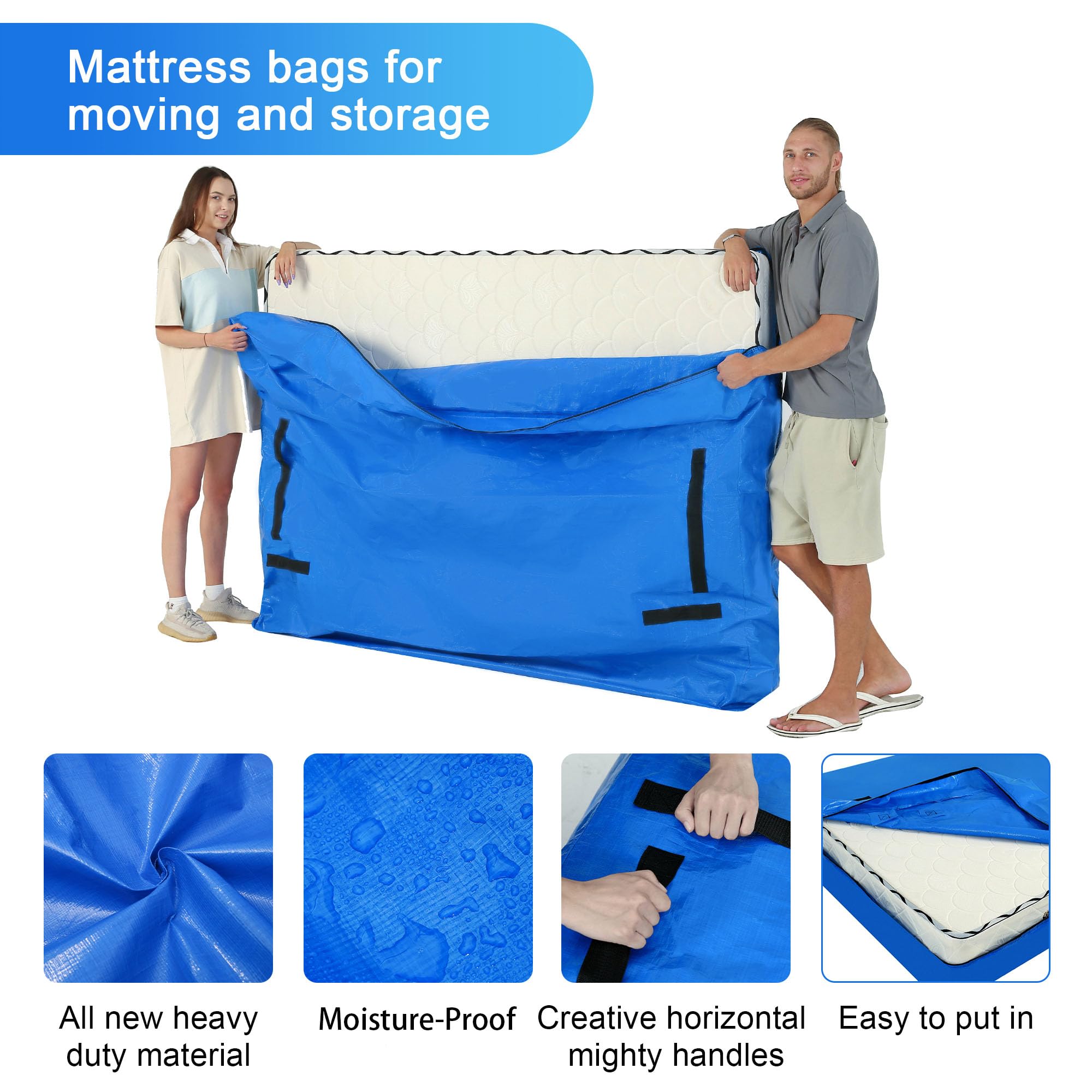 Full Size Mattress Covers 2 Pack - Heavy Duty Reusable Mattress Moving Bags with Zipper & Handles for Easy Transport | Perfect for Moving, Storage & Home Organization
