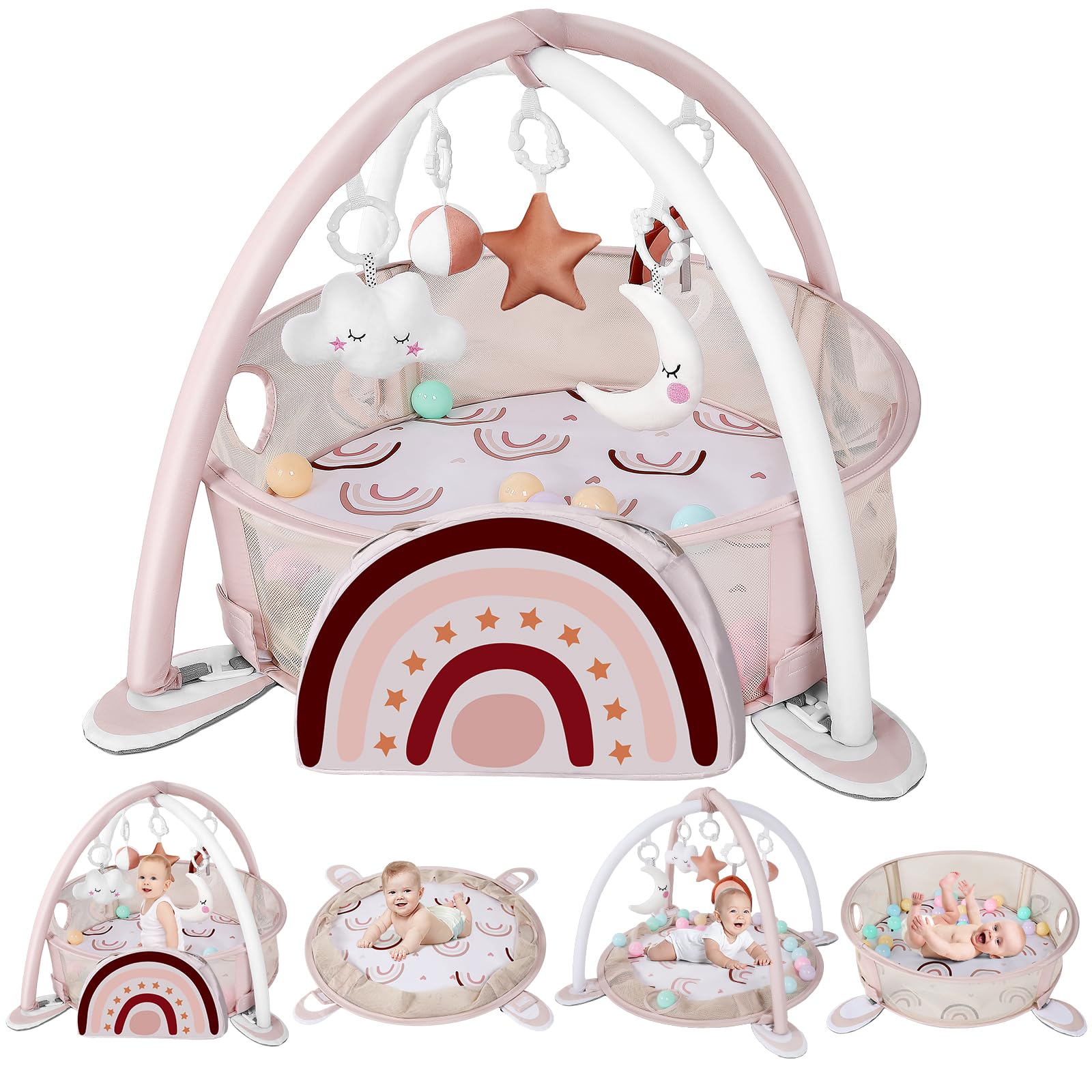 4-in-1 Baby Play Mat with Gym & 30 Balls - Tummy Time Activity for Newborns & Toddlers - Rainbow Gift Set