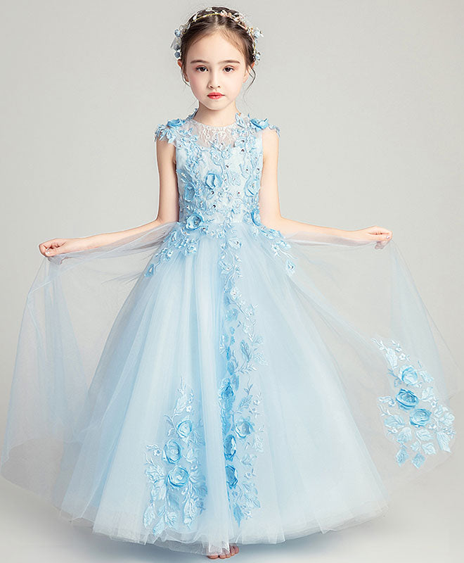 Blue Round Neck Tulle Lace Flower Girl Dress - Elegant Girls Formal Party Gown for Weddings, Baptisms & Special Occasions