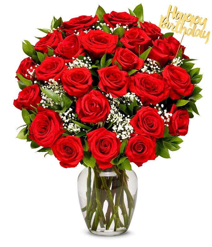 Two Dozen Fresh Red Roses Bouquet with Birthday Pick & Glass Vase - Perfect for Birthday Gifts, Anniversary Celebrations & Romantic Surprises