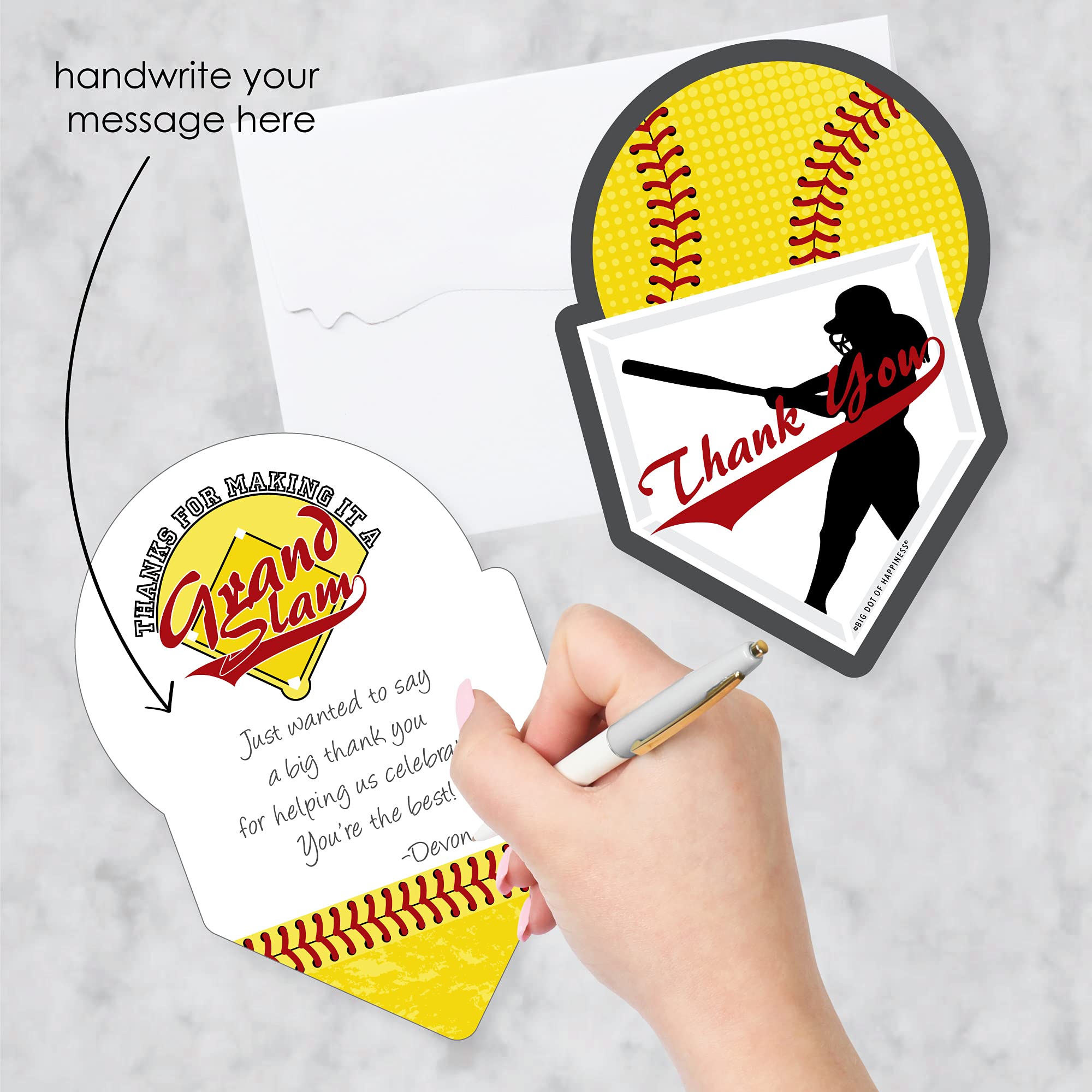 Big Dot of Happiness Grand Slam Fastpitch Softball Shaped Thank You Cards - 12-Pack with Envelopes for Birthday Parties, Baby Showers & Special Occasions - Perfect for Sports Lovers & Team Celebrations