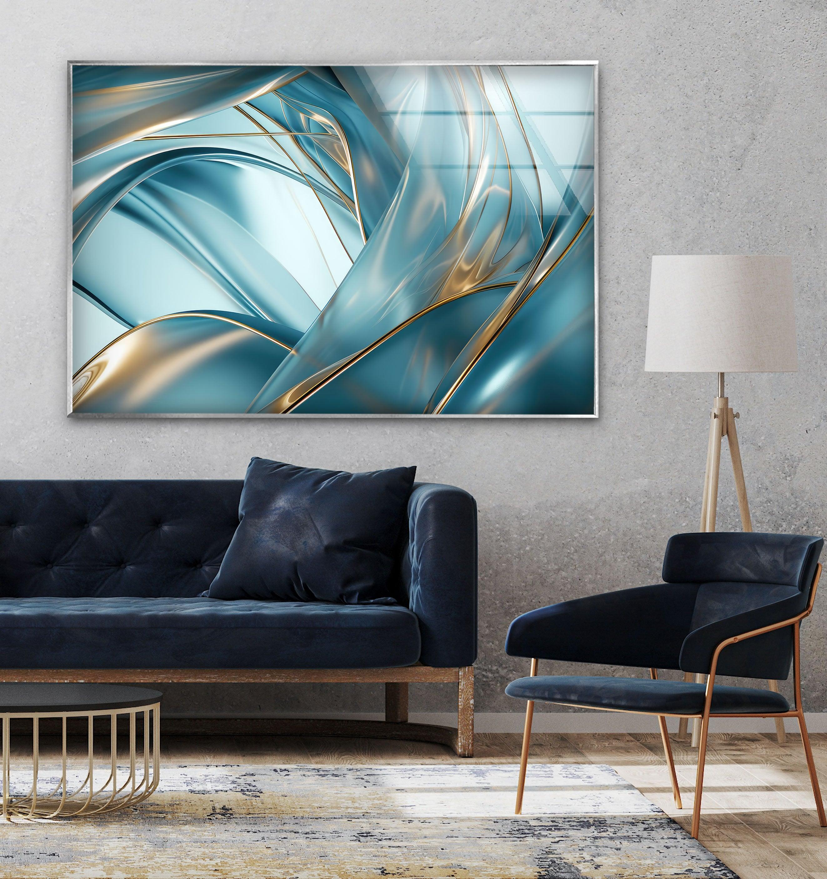 Blue Bold Lines Abstract Glass Wall Art - Modern Home Decor for Living Room, Bedroom & Office - Handmade Glass Painting for Unique Interior Design