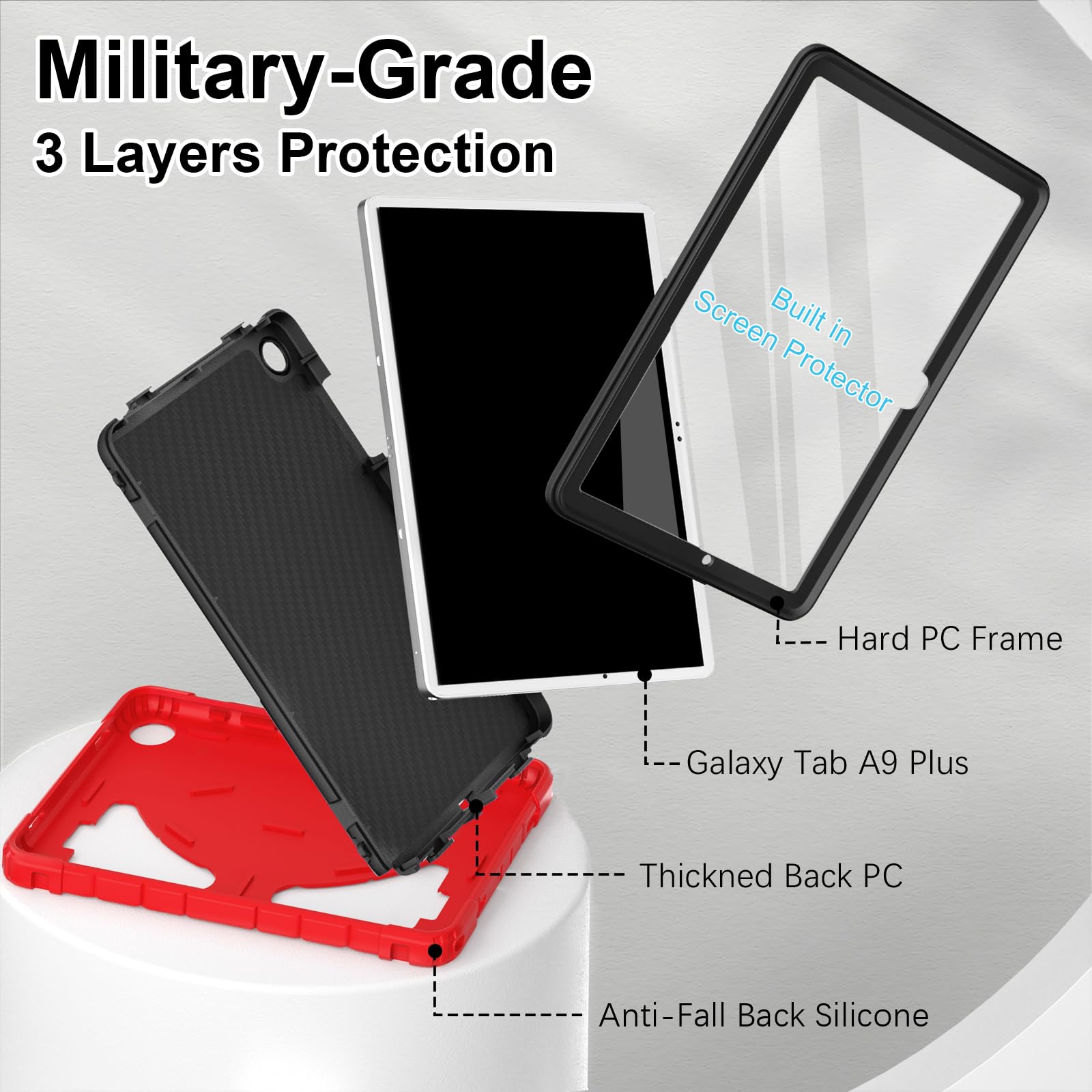 Shockproof Samsung Galaxy Tab A9+ 11 Inch Case for Kids with Screen Protector & Stand - Thickened Corners, Red/Black - Perfect for School, Travel, and Outdoor Activities