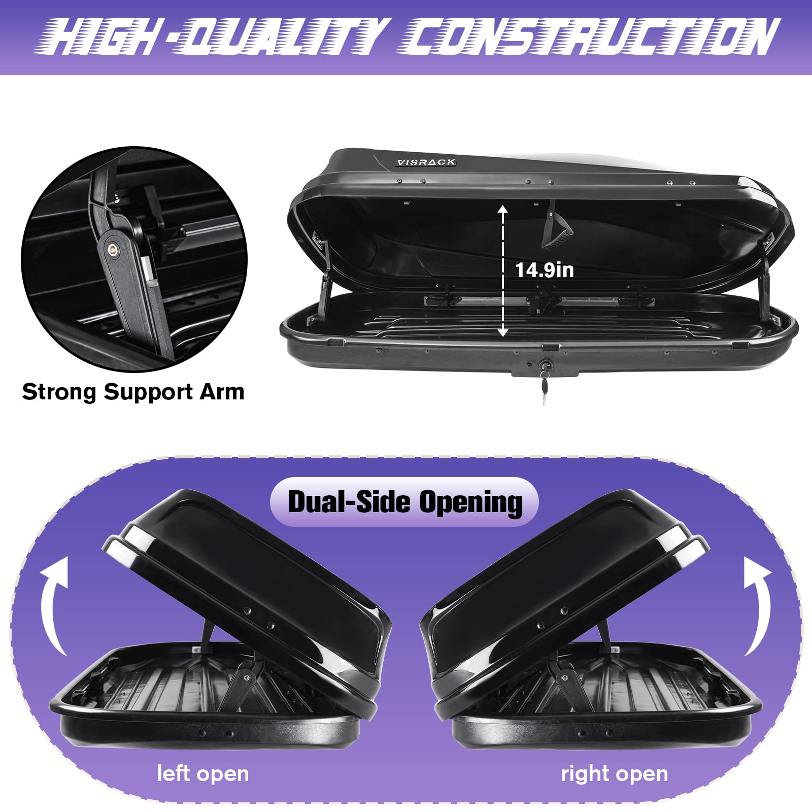 Heavy Duty 14 Cubic Feet Rooftop Cargo Carrier - Waterproof Car Top Storage Box with Dual Side Opening, Extra Keys & Straps for Travel, Camping & Outdoor Gear (Black)