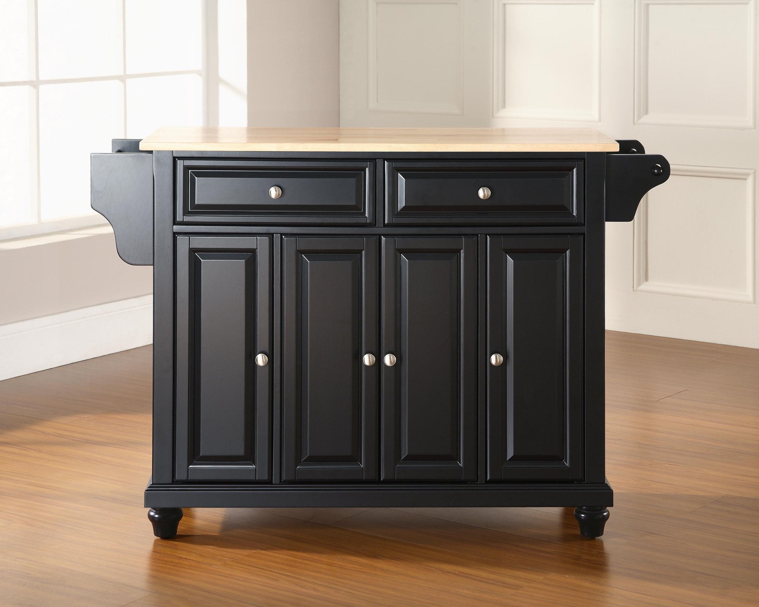 Crosley Cambridge Wood Top Rolling Kitchen Island Cart - Black Microwave Stand with Spice Rack & Storage | Perfect for Small Kitchens, Pantry Organization & Mobile Food Prep Station